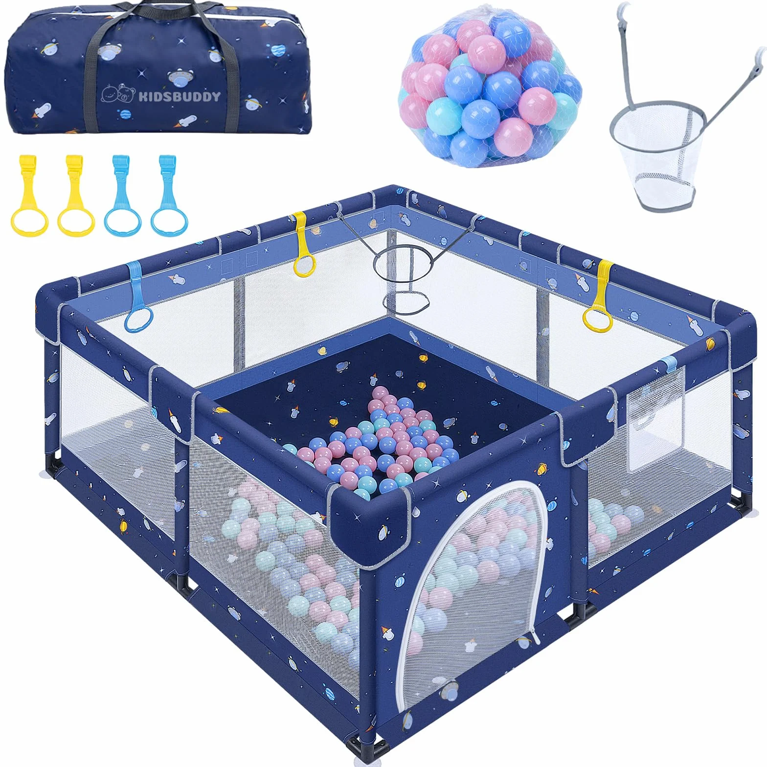 Box per bambini, 130 x 130 x 66 cm, box con anelli di trazione, palline, rete traspirante, fondo antiscivolo, parco giochi di sicurezza per bambini (cartone animato, 130 cm)
