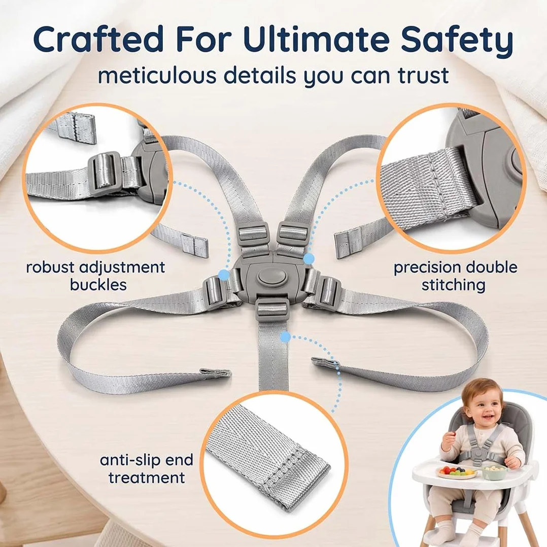 1 Pezzo Seggiolone Pappa, Cintura Sicurezza Universale Regolabile 5 Punti Per Bambini, Cinghie Passeggini E Seggiolini, Larghezza 2.5Cm, Colore Grigio Argento