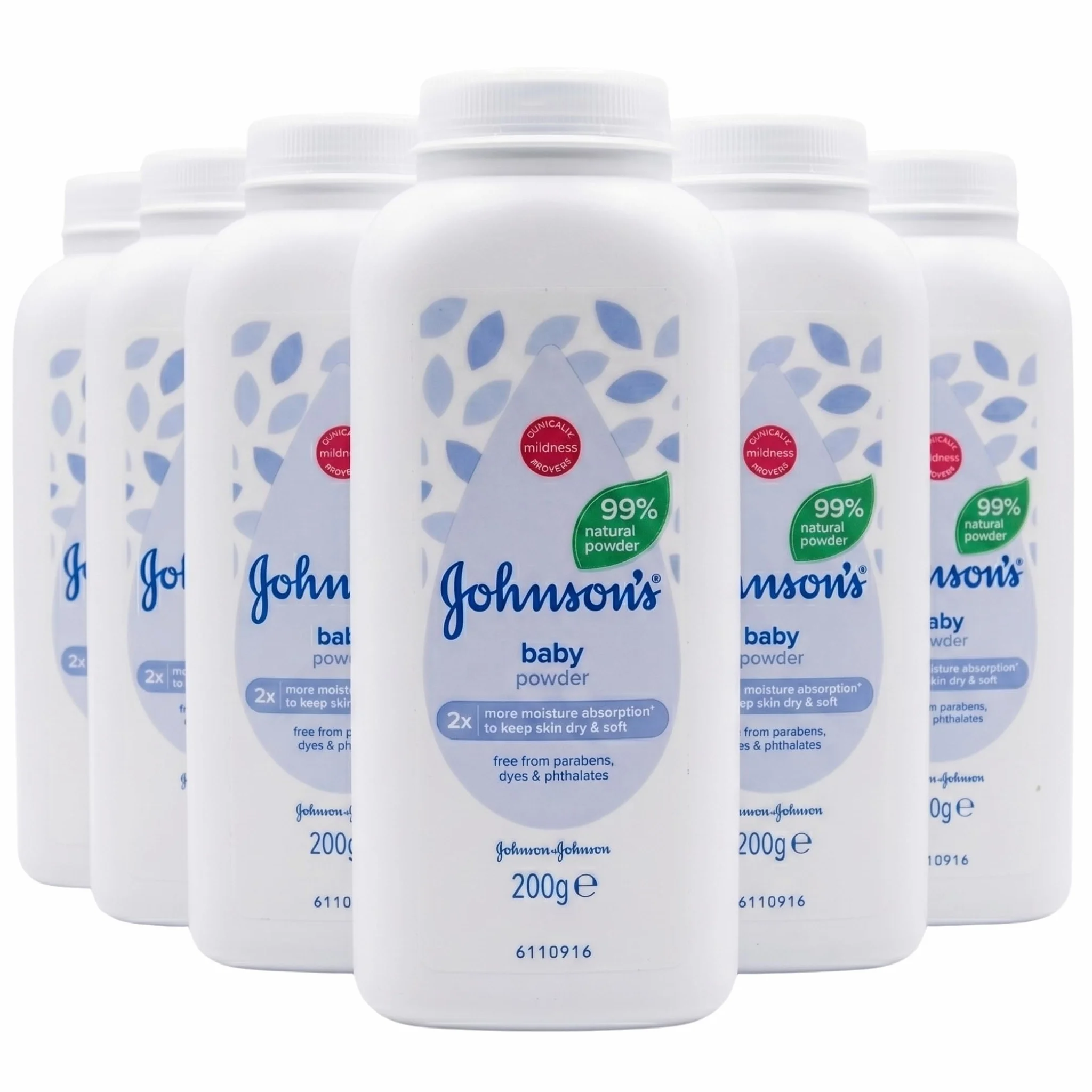 Johnson's Baby Polvere per bambini, 200 g, confezione da 6 (6 x 200 g), lieve amido di mais per la pelle delicata del bambino, clinicamente dimostrata, ipoallergenica, senza parabeni, ftalati e