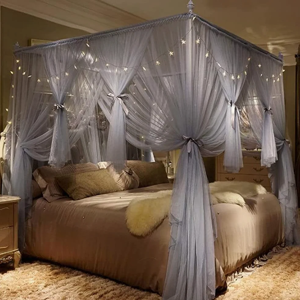 Lussuosa tenda a baldacchino grigia a 4 angoli, 2 x 2,2 x 2 m, elegante zanzariera per letti dei bambini, decorazione per camera da letto, aggiunge privacy e stile