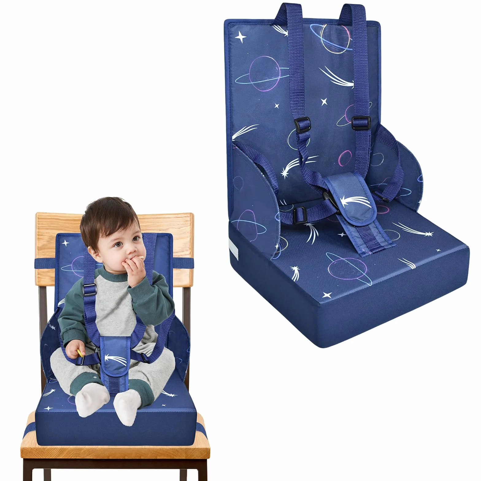 NAIZY Seggiolone rialzo per bambini, con schienale pieghevole e cintura di sicurezza a tre punti, spugne per rialzo della sedia, colore blu