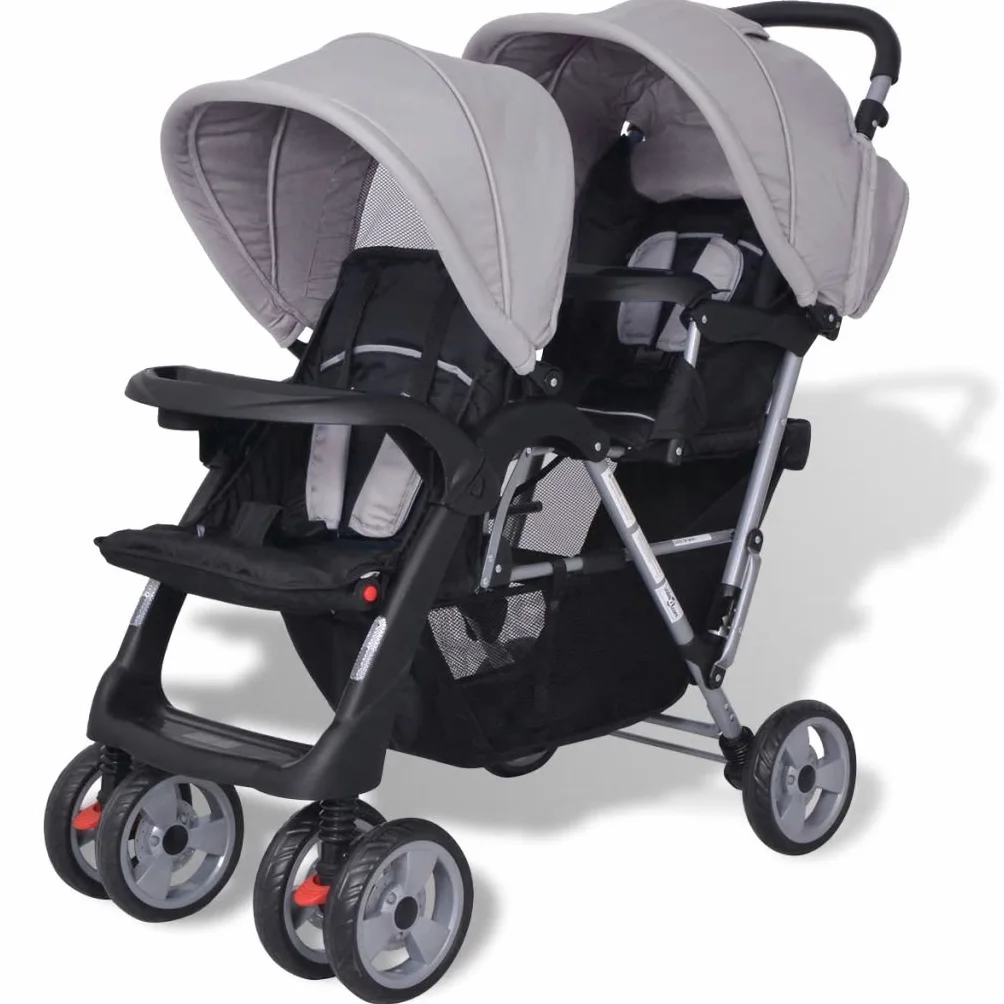 Passeggino Gemellare a Tandem, con tettoie anteriori e posteriori, ruote girevoli 360° e bloccabili, cestino ampio, acciaio e tessuto Oxford, 122,5 x 53,5 x 111 cm, per bambini da 6 a 36 mesi