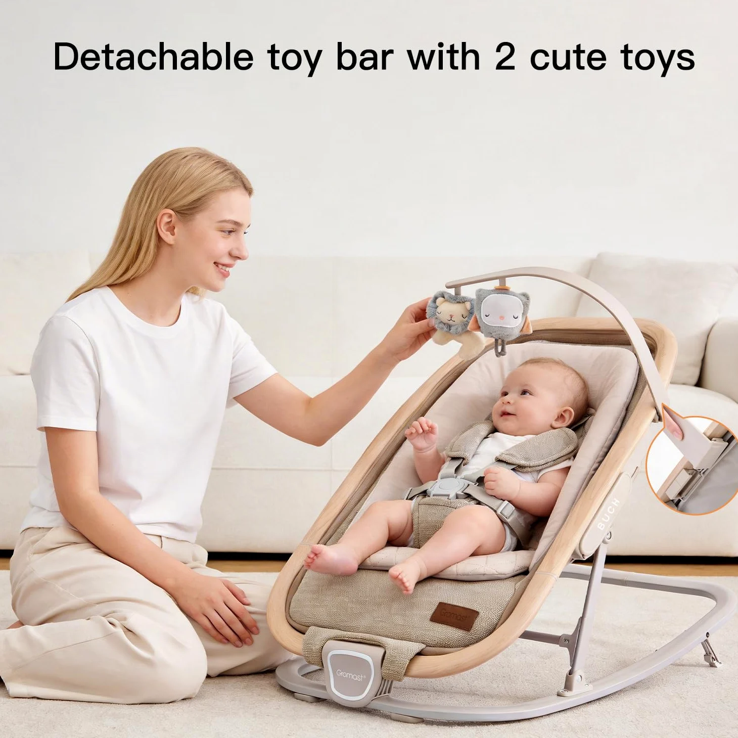 Gromast Sedia a dondolo 2 in 1 per neonati, dondolo portatile con 3 posizioni di reclinazione, giocattoli da appendere e borsa da viaggio - Beige
