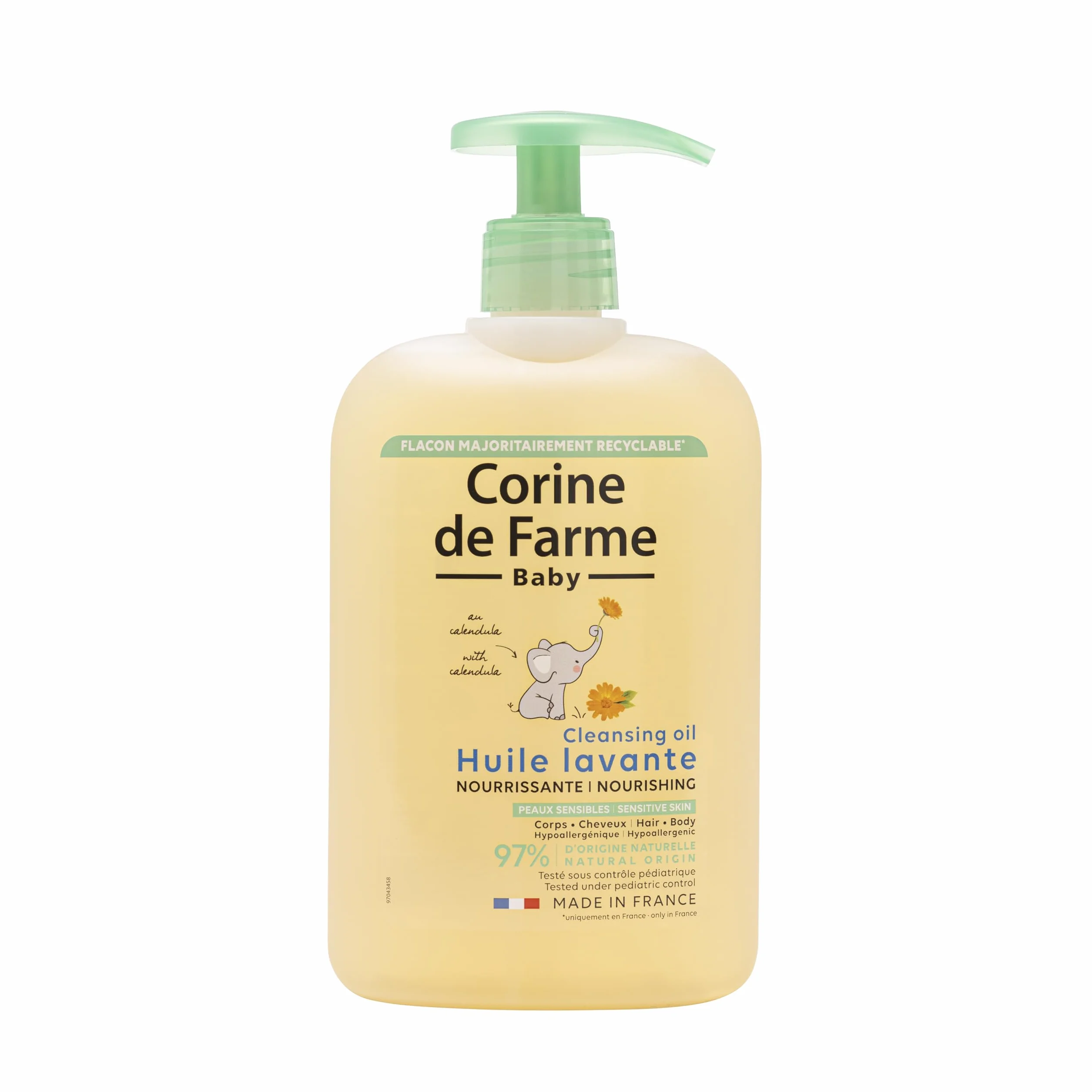 Corine de Farme, Olio detergente nutriente 500 ml per bambini, estratto di calendula, ipoallergenico, pulizia delicata per pelle secca molto secca, adatto ai capelli, 97% ingredienti naturali