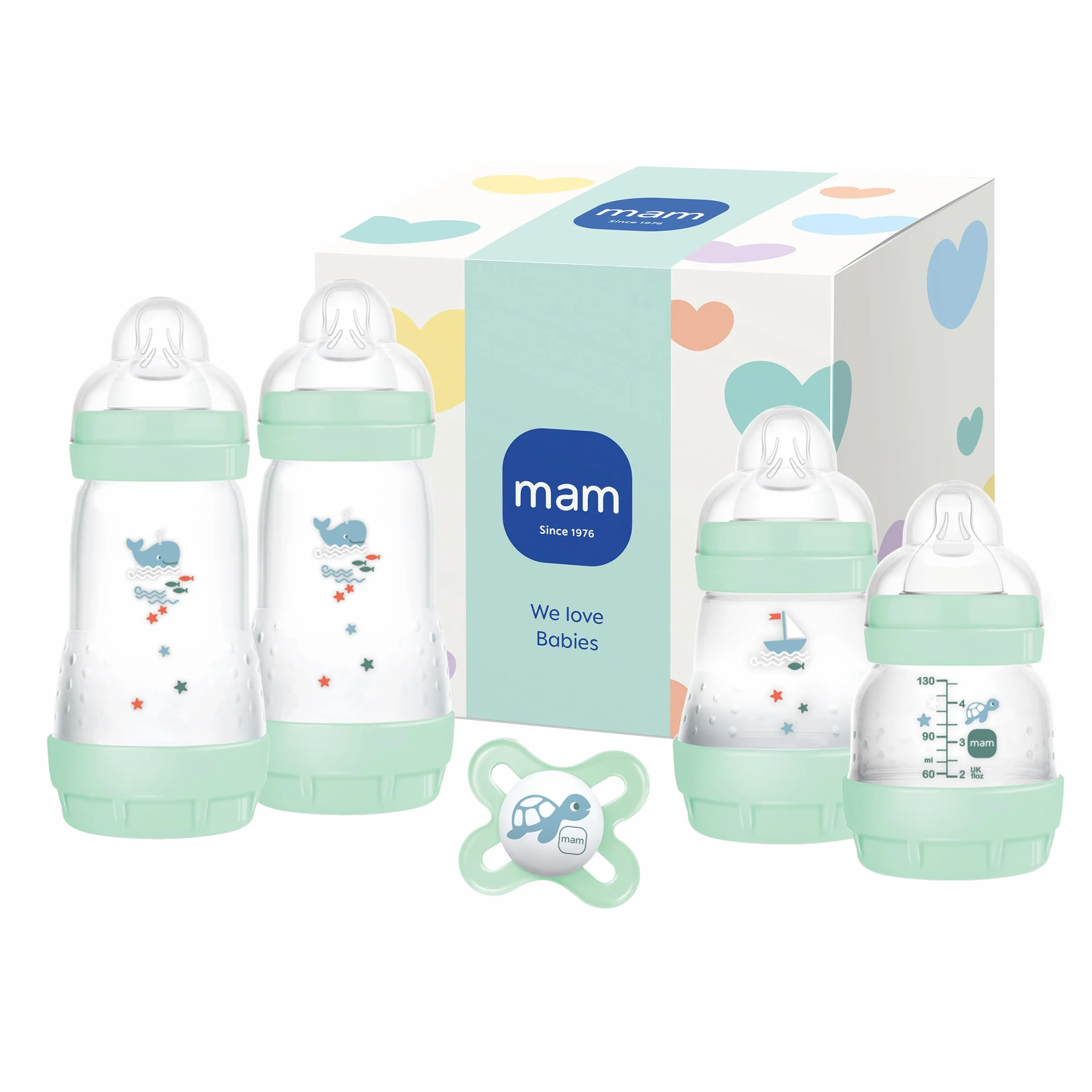 MAM Easy Start - Set anti-coliche per neonati, 0+ mesi, set regalo con biberon, 94% di accettazione, 96% raccomandazione ostetrica, 80% di coliche in meno, 4 biberon e 1 ciuccio originale Start, menta