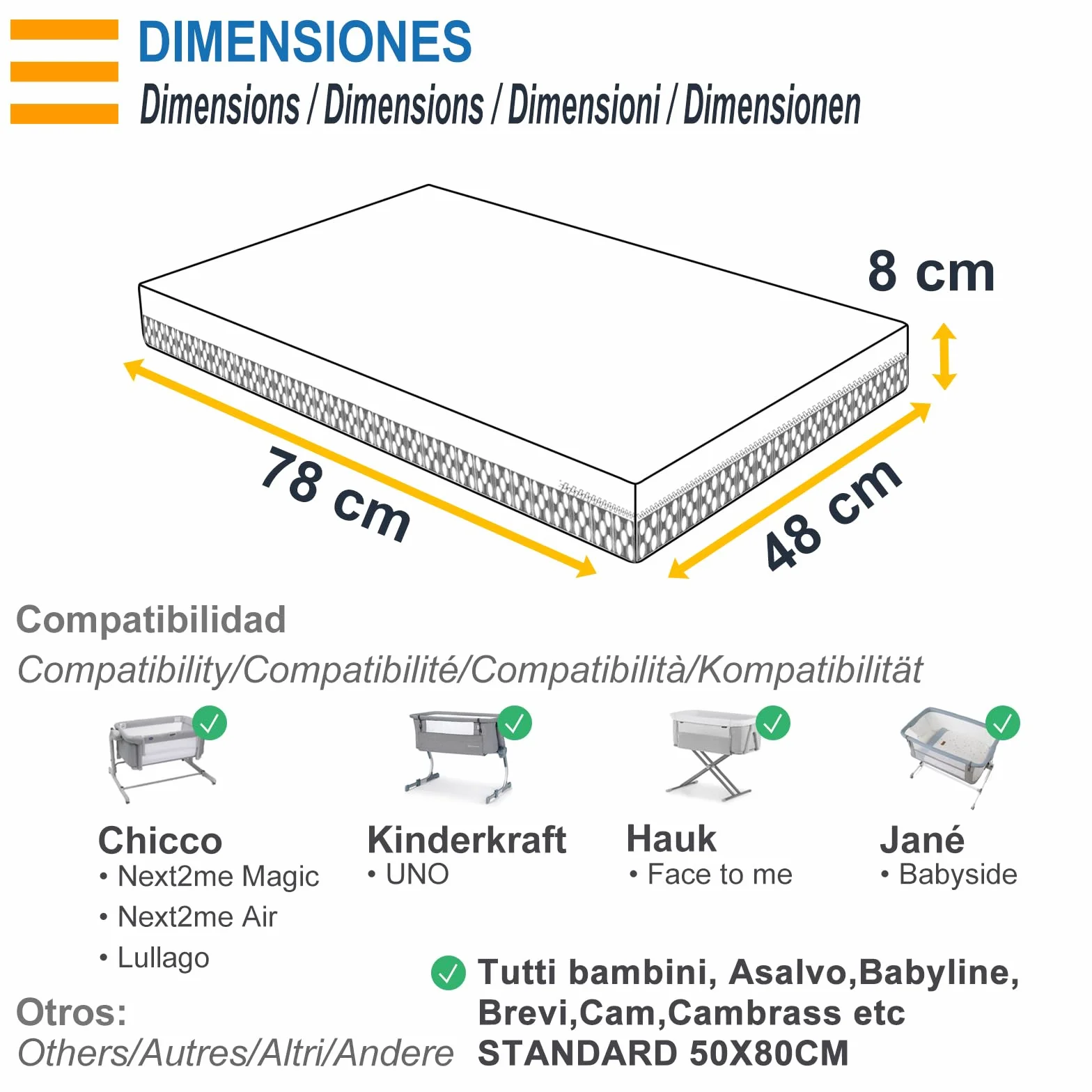 PEKITAS Materasso minicla 48 x 78 cm spessore 8 cm ibrido reversibile double face fodera rimovibile lavabile durezza stabile traspirante anti-annegamento culla per il bambino