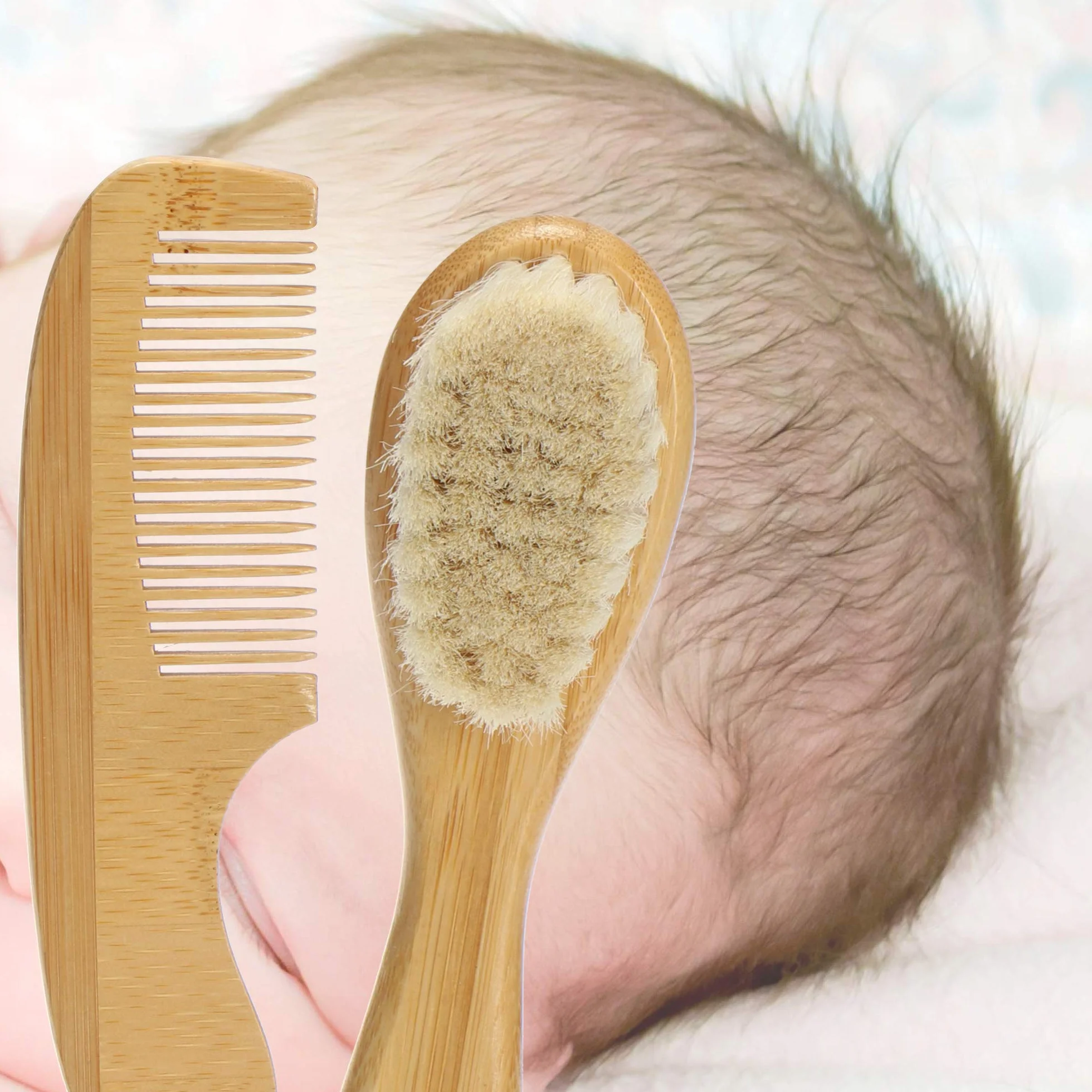 com-four® Spazzola per Neonati e Pettine per Neonati e Bambini Piccoli - Spazzola per Capelli in bambù con Morbida Lana di Pecora (Pettine + Spazzola per Capelli - Pecora)