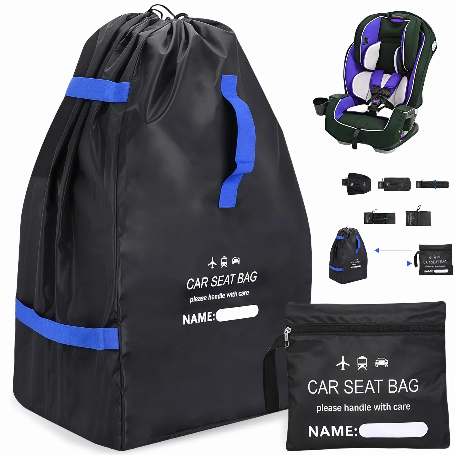 Gate Check - Borsa da viaggio per viaggi in aereo, seggiolino per bambini, borsa da viaggio, trasportabile, per passeggino, seggiolino per bambini, 85 x 45 x 45 x 45 cm, colore: nero + blu