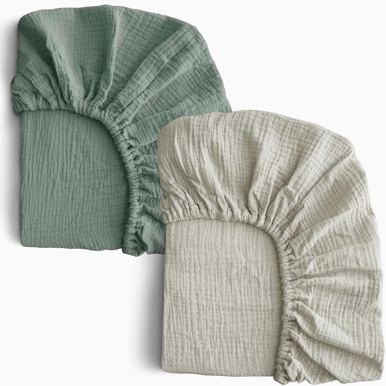 COSMOPLUS - Lenzuola in mussola per culla, unisex, neutre, confezione da 2 pezzi, lenzuolo con angoli per culla standard e materasso per lettino per bambini, cotone biologico, verde ardesia e grigio