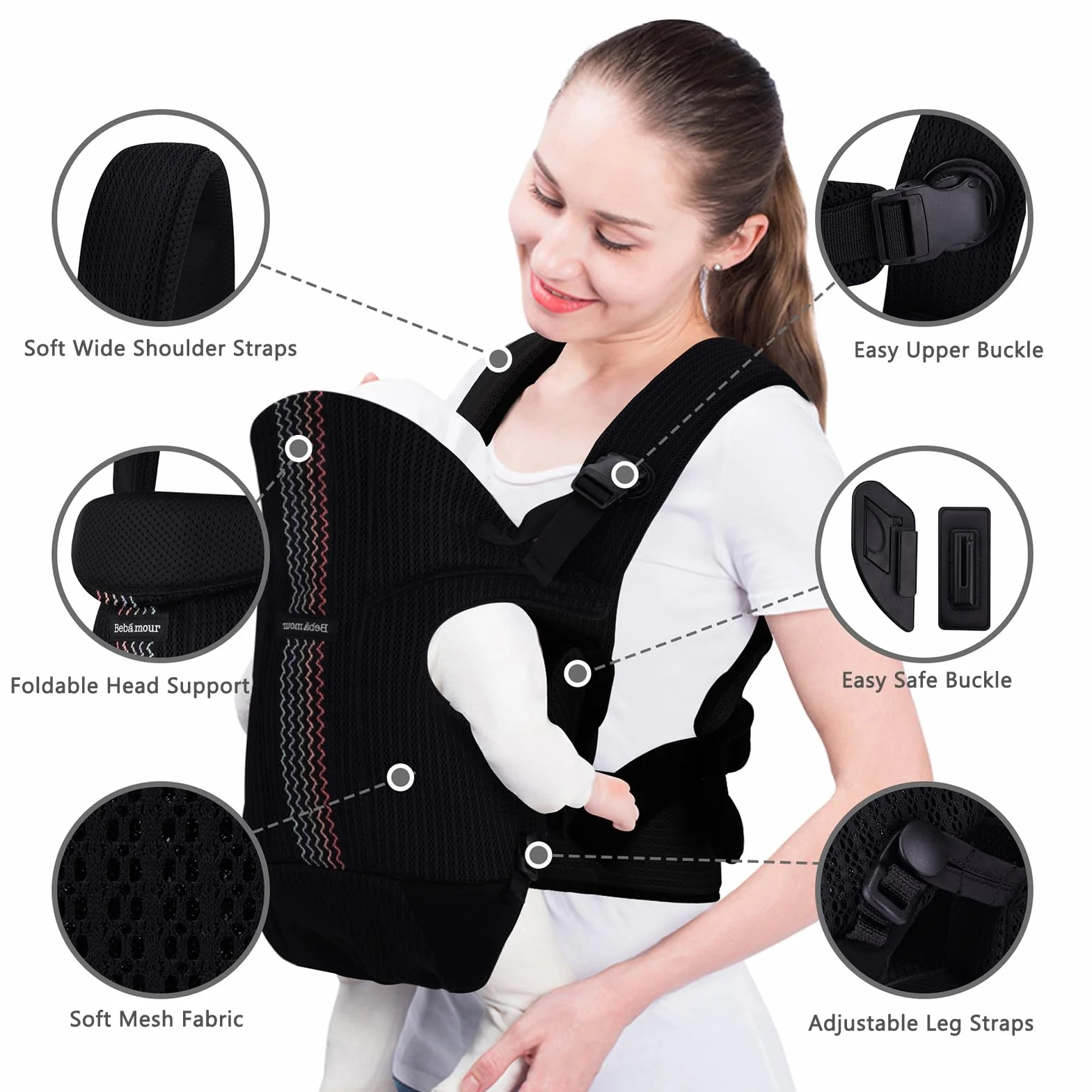 Bebamour baby-carrier, anteriore e posteriore, con 2 bib della spalla,Black Pro