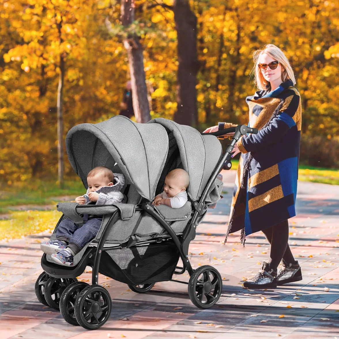 GYMAX Passeggino Gemellare Doppio/Fratelli di Età Diverse, Pieghevole Leggero, Tendalino/Schienale Regolabili, Portata di 15kg+15kg (Grigio, Verticale)