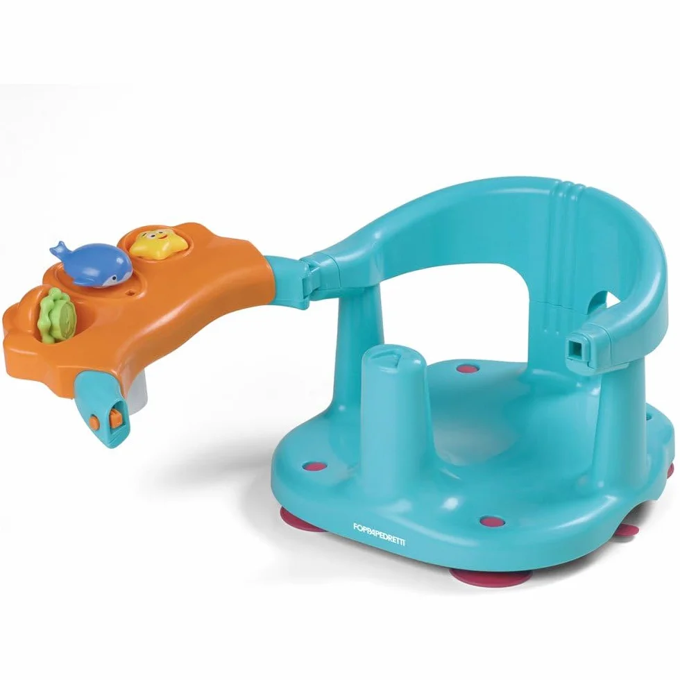 Foppapedretti Seggiolino Da Bagno Tuffetto ,30x38.5x24.5 cm, per Bambini fino a 13 Kg, Dotato di davanzalino con giochini e pompetta spruzza acqua, Bracciolo di protezione, Arancio Azzurro