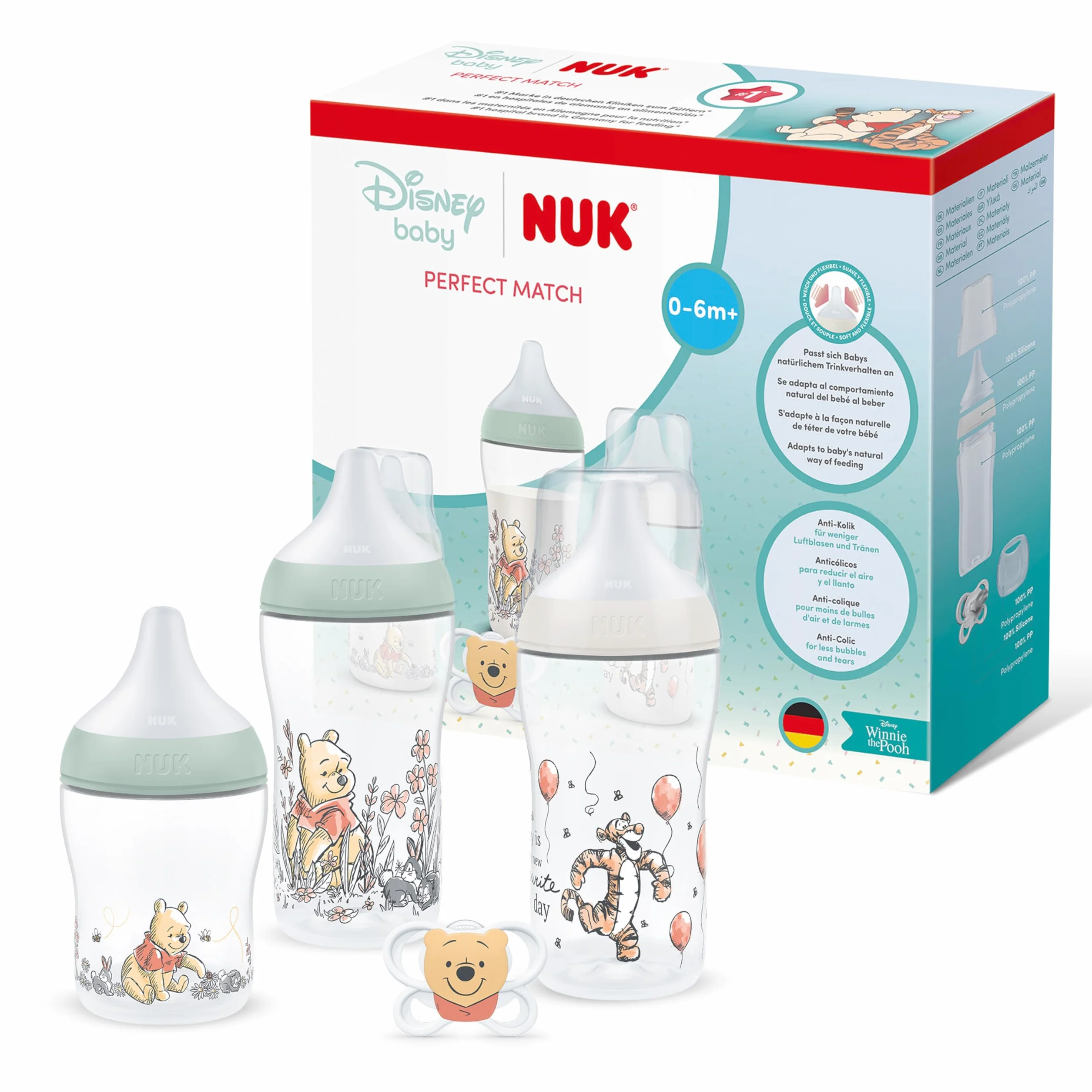 NUK Perfect Match Set di Biberon e Ciuccio per Neonati | 0-6 Mesi | 3 Biberon Anticolica (150 ml, 260 ml), 1 Succhietto Perfect Match Air | Disney Winnie Puh | 4 Pezzi