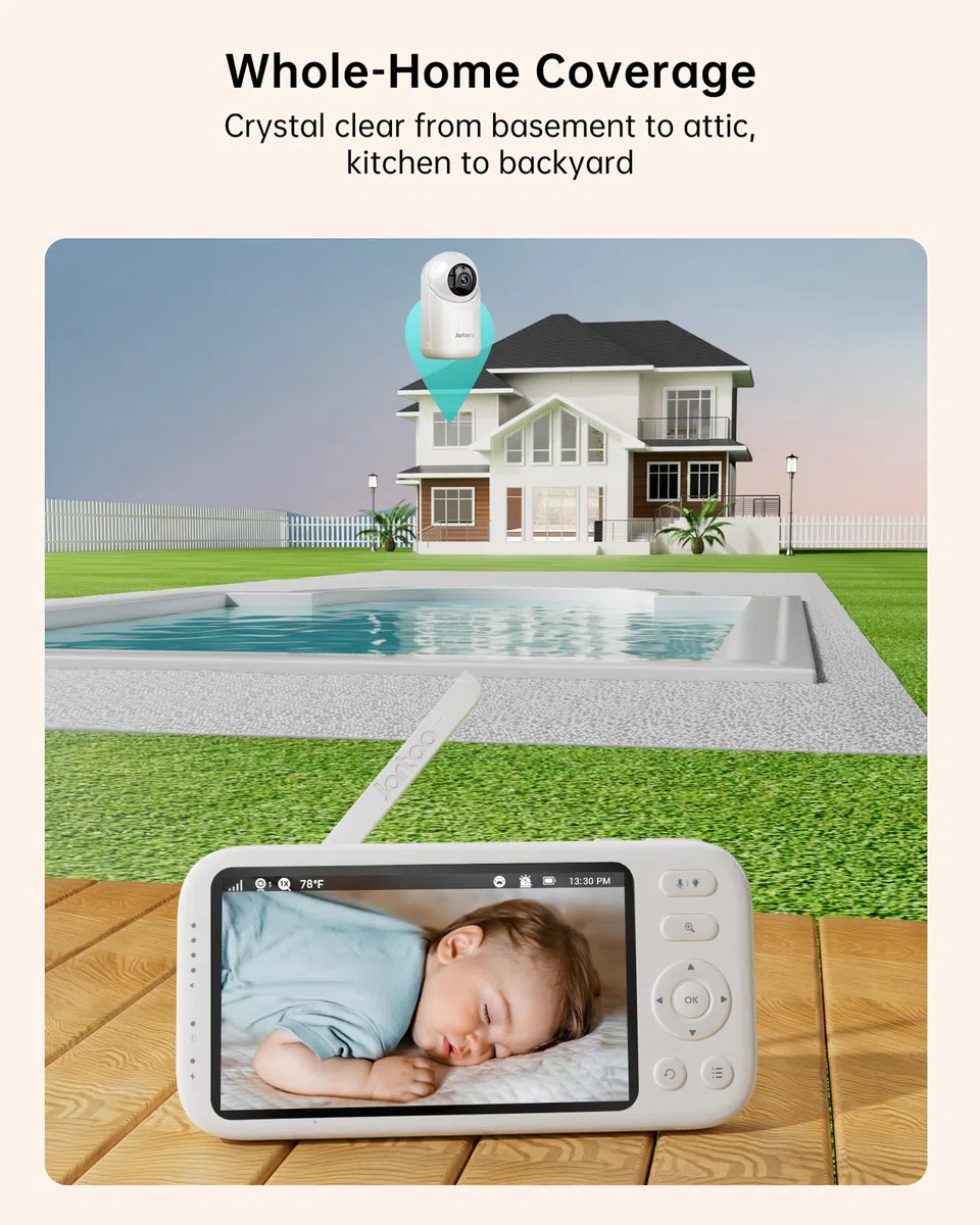 Jartoo Baby monitor con video 2K e videocamera e audio, monitor per bambini a lungo raggio di 567 metri senza WiFi, schermo FHD da 5,5", telecamera per bambini ANC wireless, orologio alimentatore