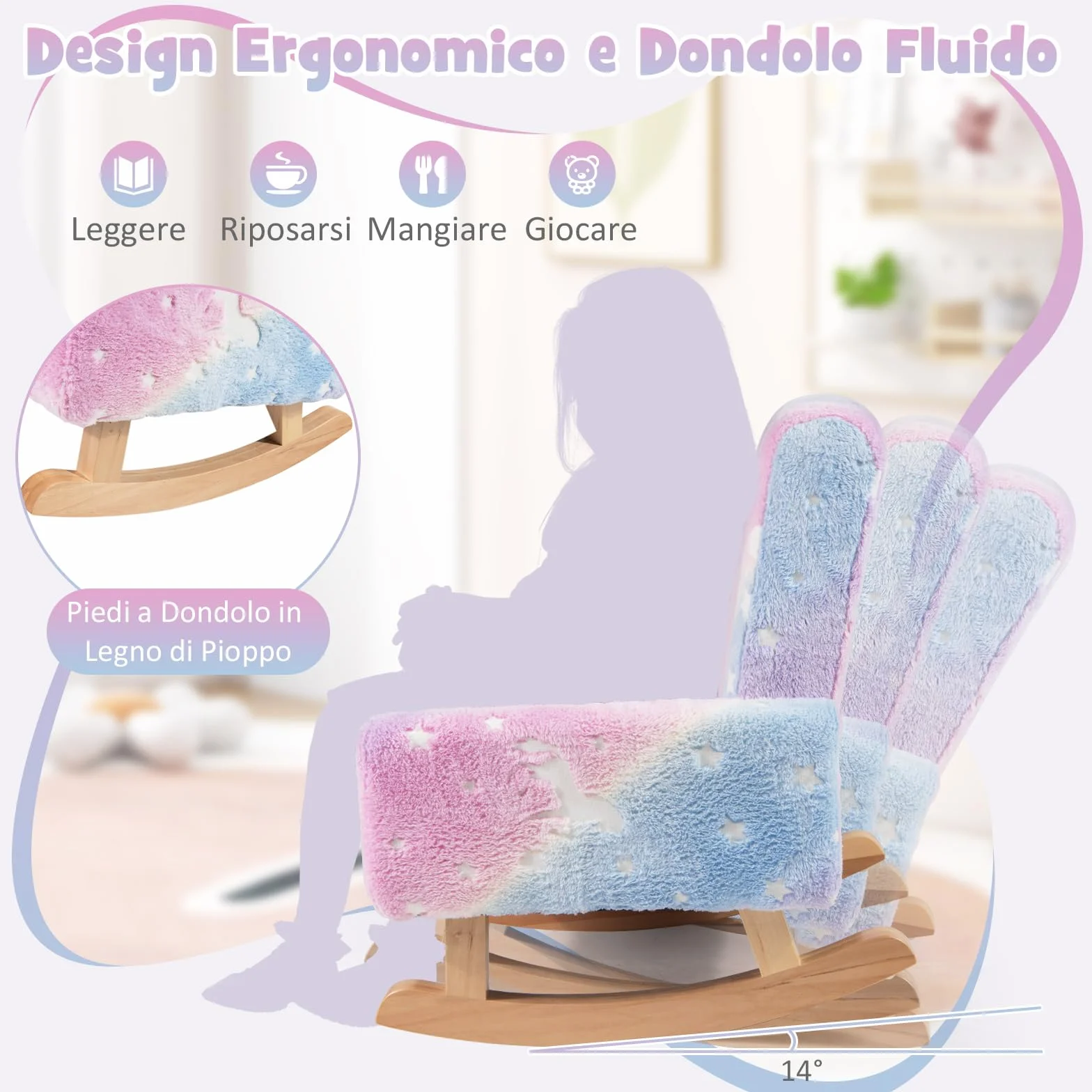COSTWAY Sedia Dondolo per Bambini da 3 a 5 Anni, Poltrona in Flanella con Piedi a Dondolo in Legno, Motivi che si Illuminano al Buio,56 x 49 x 50 cm, Blu e Viola