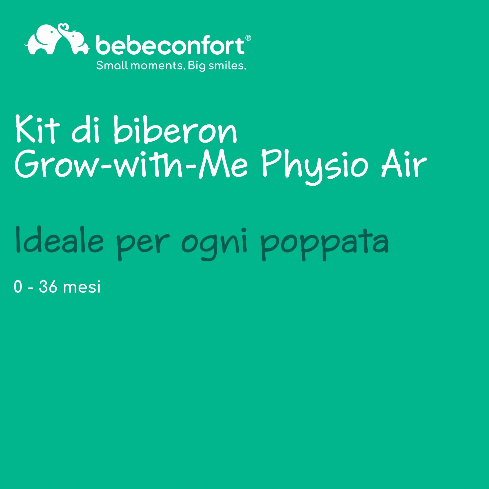 Bebeconfort Kit Biberon Neonato Physio Air Cresce-con-Me, Biberon Anticolica, 0+ mesi, Include 4 Biberon Neonato, 3 Misure di Tettarelle, Succhietto Anatomico, Design che si illumina al buio