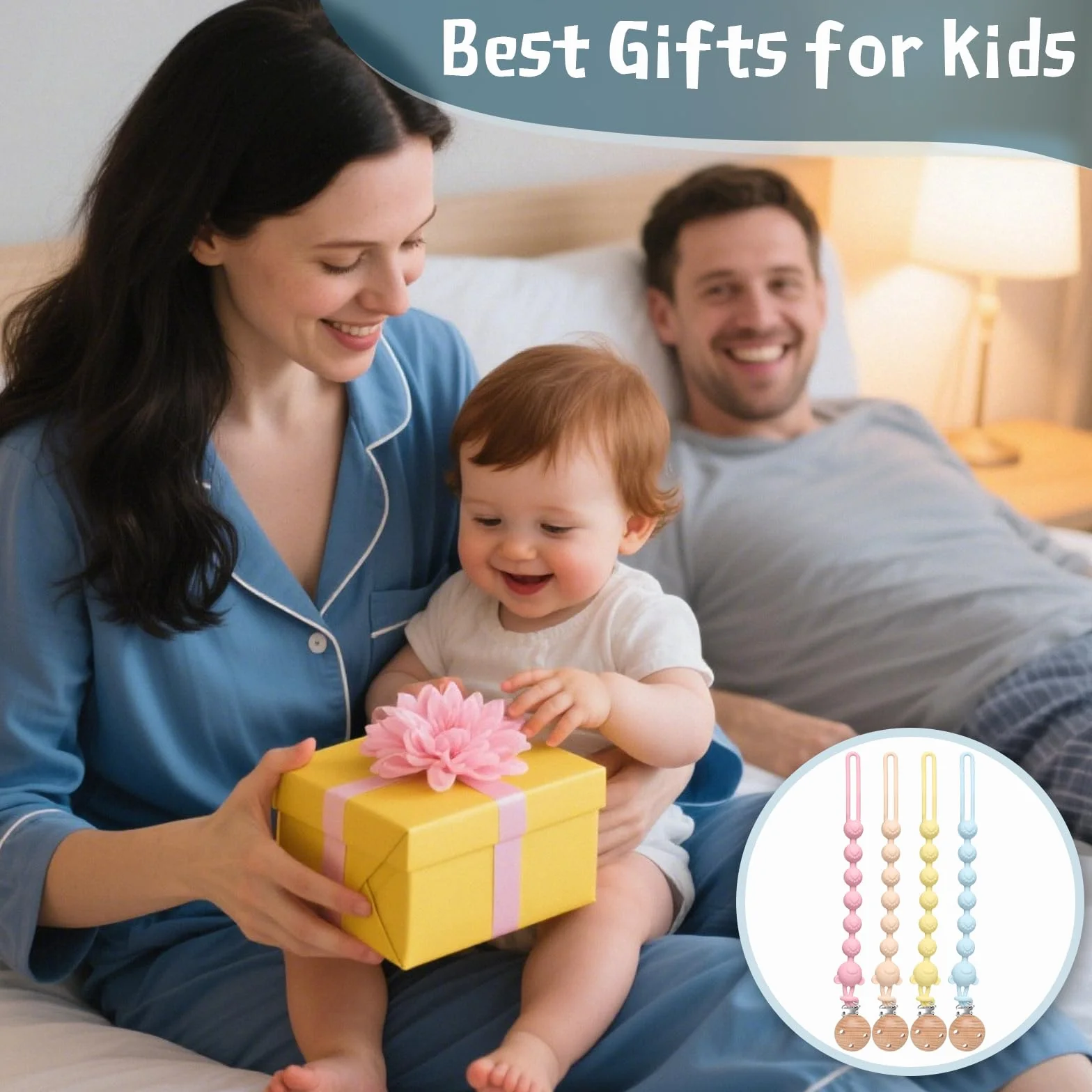 4 catenelle per ciuccio, in silicone, flessibilità, facile da pulire, catena per ciuccio e massaggiagengive 2 in 1, design 2 in 1, catenella per ciuccio, in legno, portabilità, aiuto dentale per