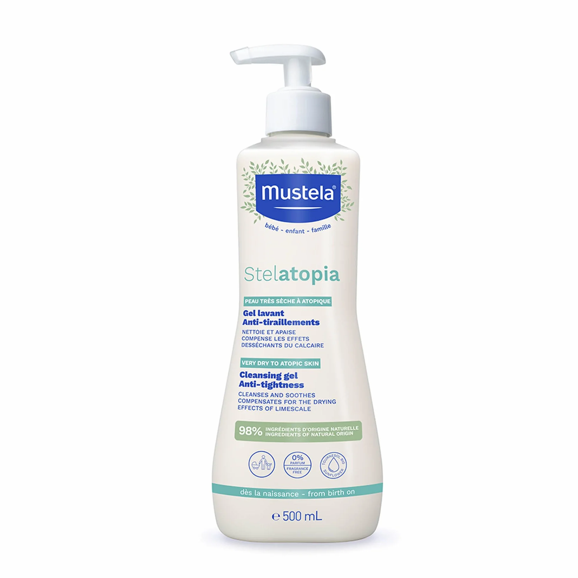 Mustela Stelatopia Gel Detergente per Pelle con Estrema Secchezza o Dermatite Atopica, Corpo e Capelli, Neonati, Bambini, Tutta la Famiglia - Lenisce il Prurito, Senza Profumo (500ml)