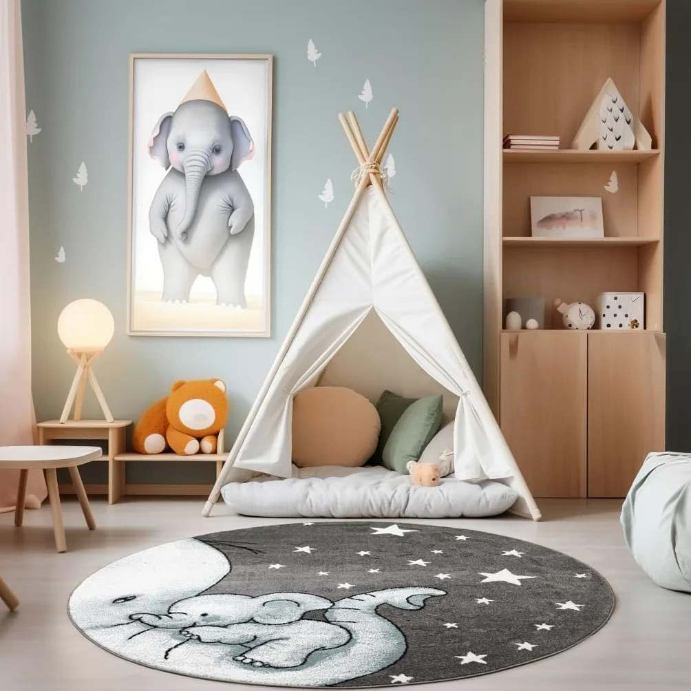 SIMPEX tappeto rotondo bambini elefante blu 120 cm motivo tenero tappeto morbido ipoallergenico ideale per neonati e bambini piccoli