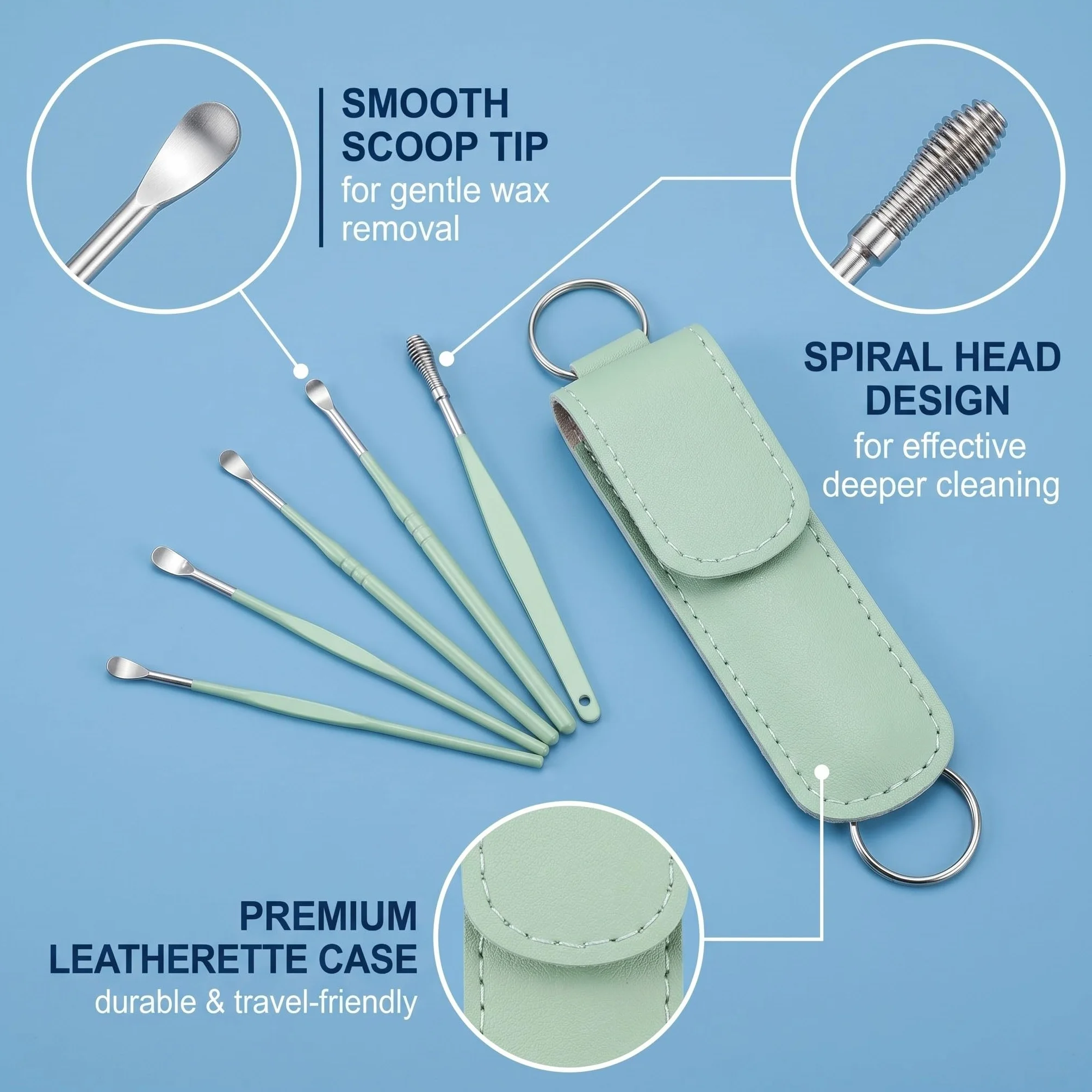 6 Pcs Kit Pulizia Orecchio,Strumenti per Togli Cerume Orecchie Adulti in Acciaio Inox,Pulisci Orecchie,Pulitore Orecchie,Con Custodia Portatile in Pu,Detergente per Orecchie per Adulti Bambini