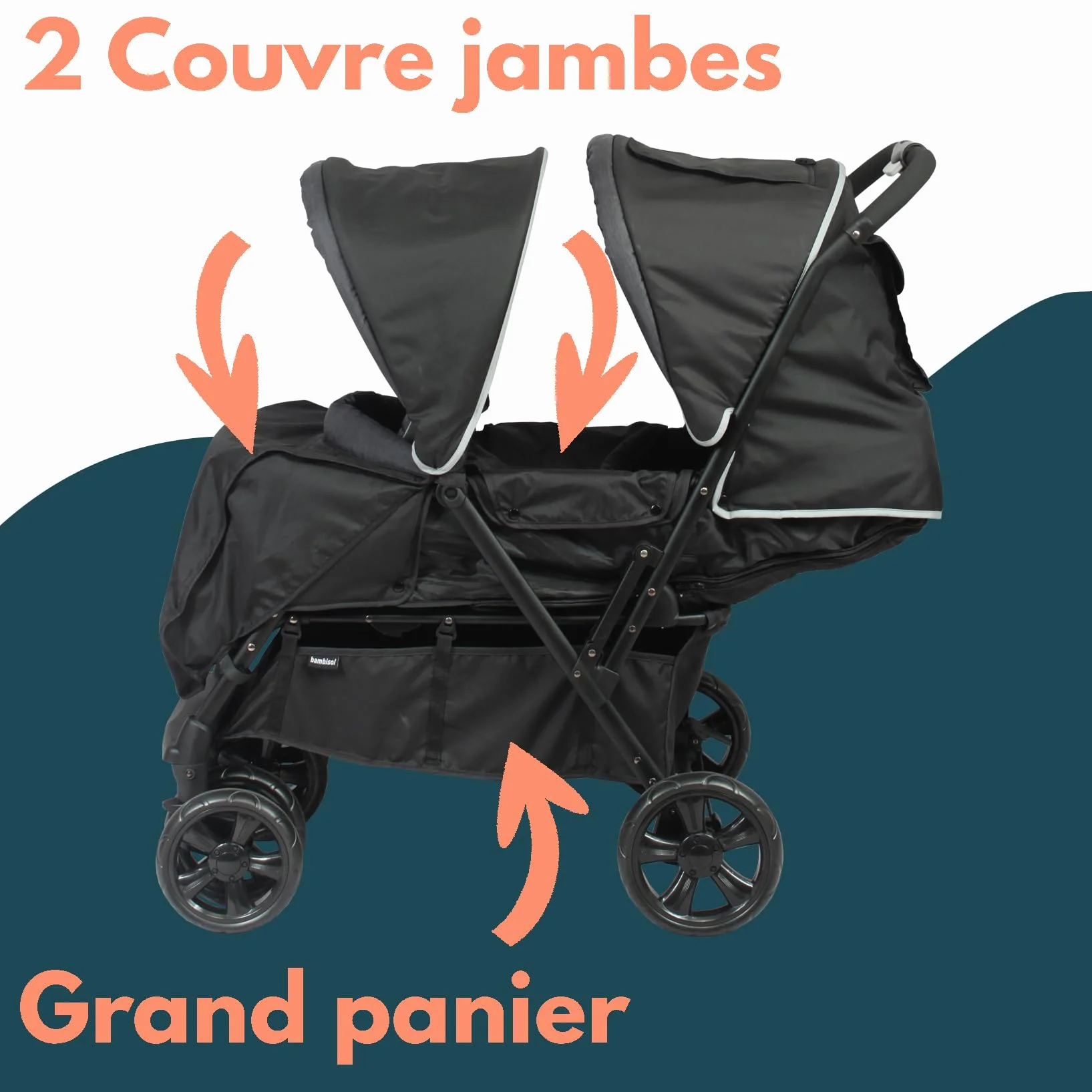 Passeggino gemellare doppio - BAMBISOL - Passeggino doppio combinato + Seggiolino auto I-size - 4 ruote - Nero
