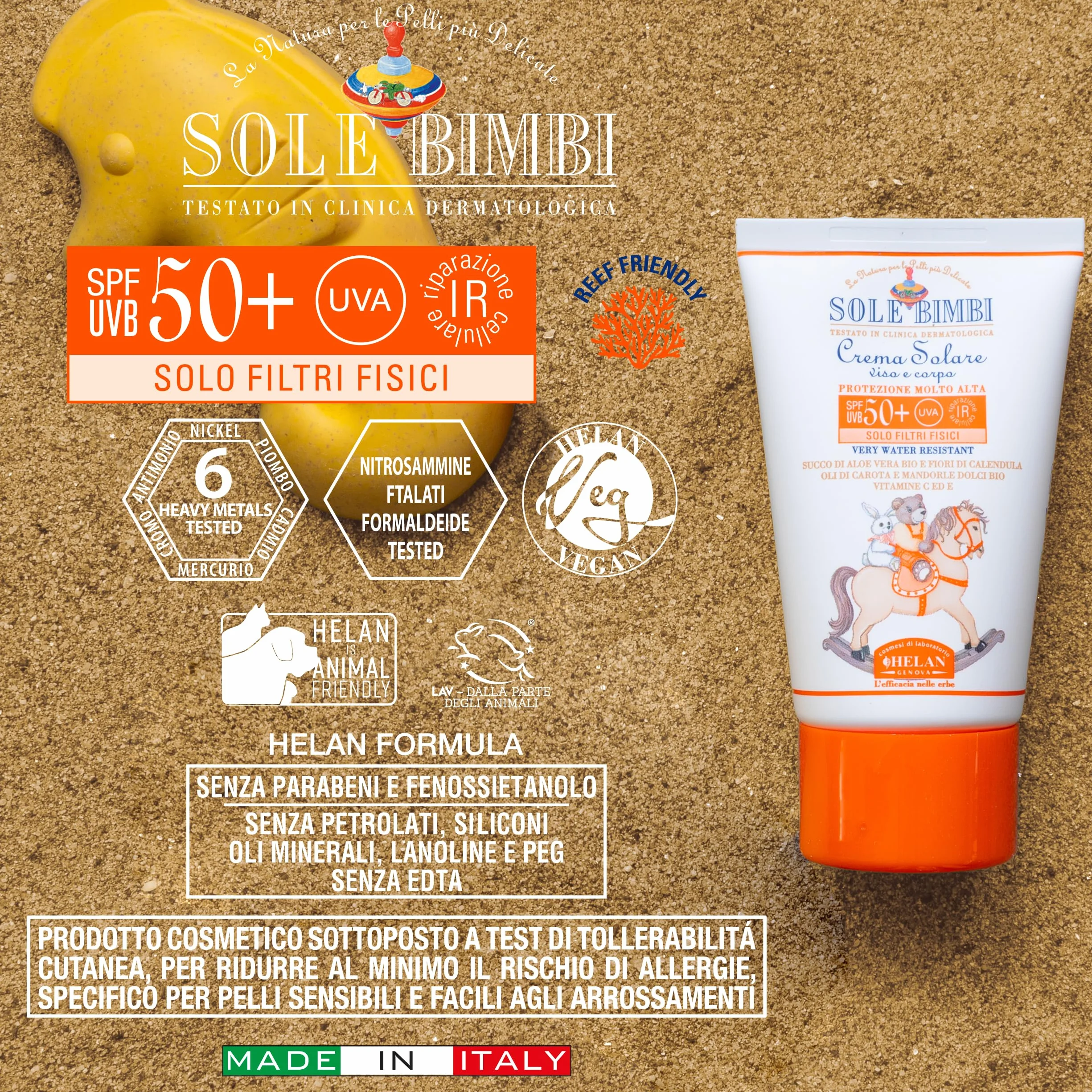 Helan, Sole Bimbi - Crema Solare 50+ Bambini e Neonati, Protezione Solare 50+ SPF Molto Alta contro Raggi UVB/UVA, Crema Solare Viso e Corpo con Olio di Mandorle Dolci, Vitamina E e Aloe Vera, 50 ml