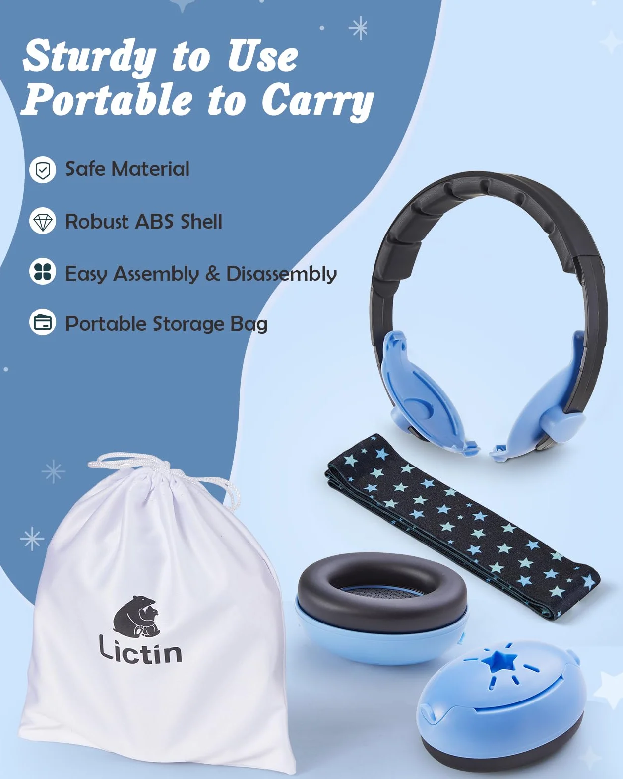 Lictin 2 in 1 Cuffie Neonato Antirumore -25dB,Protettori acustici per neonati, archetto regolabile, antiscivolo e antistress, protezione acustica ideale per neonati fino a 48 mesi