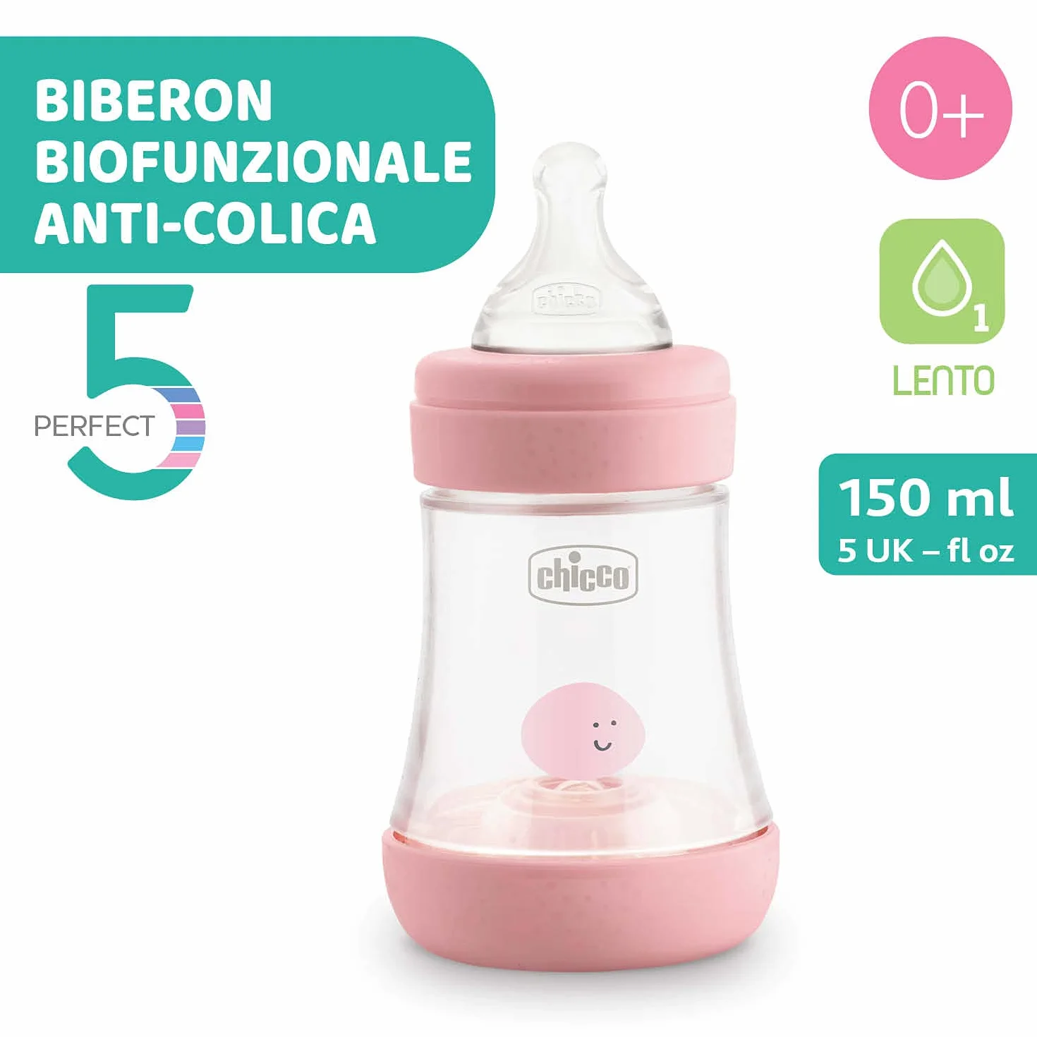 Chicco Perfect 5 Biberon Anticolica, Bimba, 150 ml, Silicone, 1 Foro, Rosa