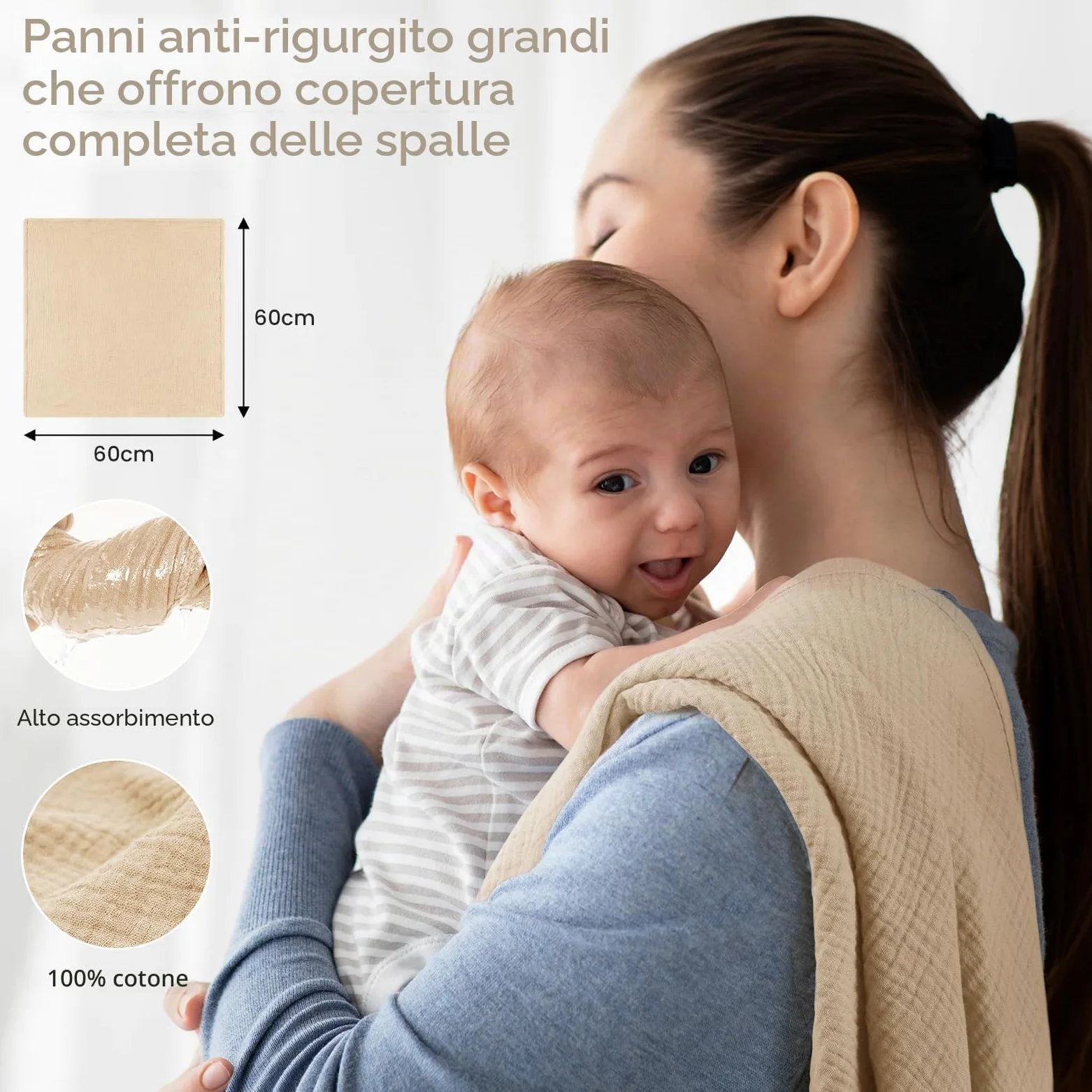 Panni di garza per neonati, 100% cotone, 60 x 60 cm, assorbenti e traspiranti, in mussola, set da 5 pezzi, per neonati, ragazzi e ragazze, orso marrone