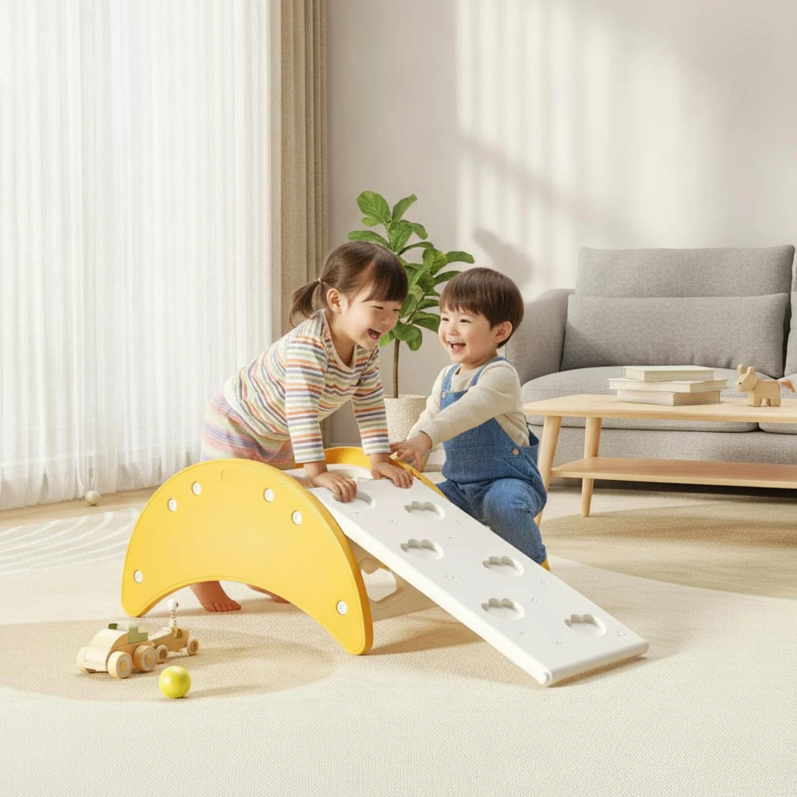 Arco Montessoriano Multifunzionale Dondolo in Legno Sicuro Giocattolo per Neonati, Giallo, style to 6