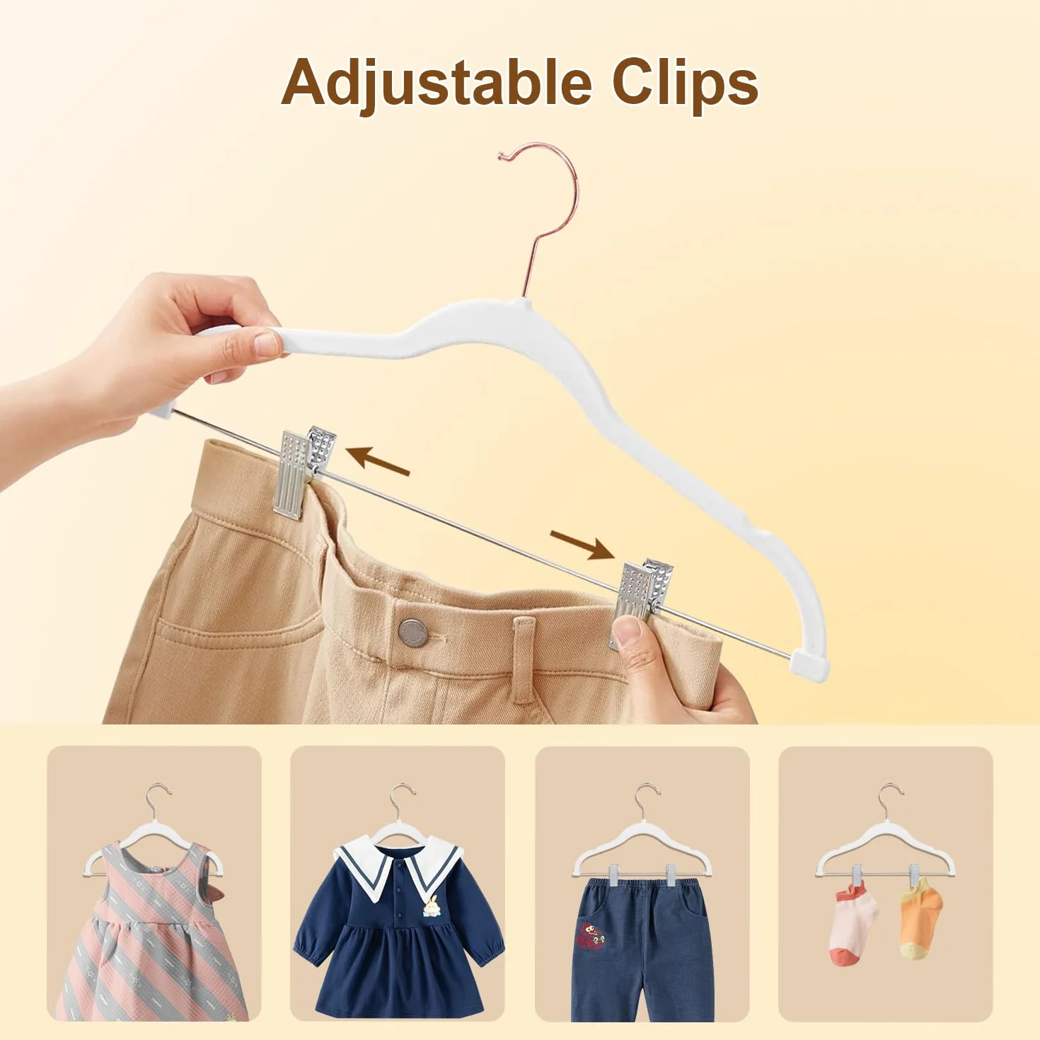 Appendiabiti per Bambini con clip, 30cm Grucce per Bambini con Ganci Girevoli a 360°, Grucce di Velluto Antiscivolo per Camicie, Pantaloni, Gonne, Abiti, Giacche 14 Pezzi Bianco (Oro Rosa)