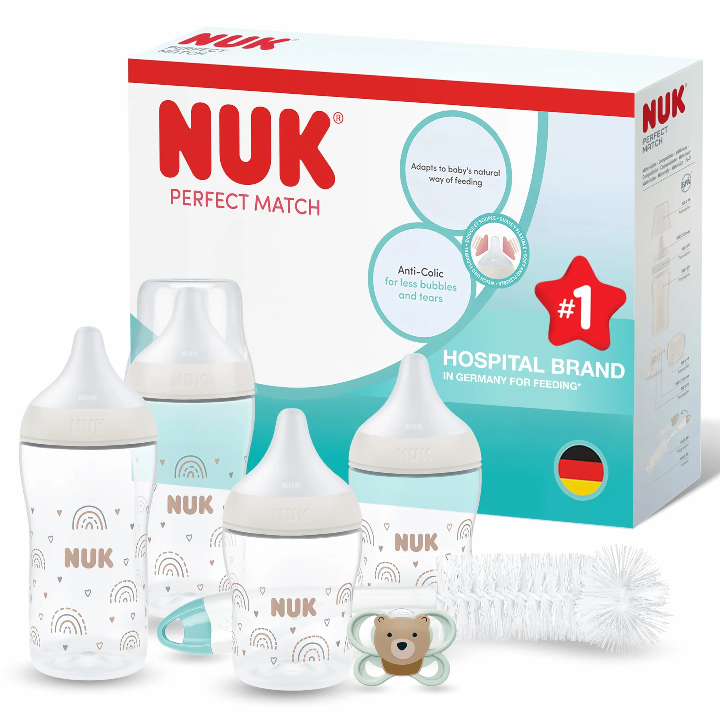 NUK Perfect Match Perfect Start Set di Biberon | 0-6 Mesi | 4 Biberon Anticolica (150ml, 260ml), 2 Tettarelle, 1 Succhietto Perfect Match Air, 1 Scovolino per Biberon | Arcobaleno | 8 Pezzi