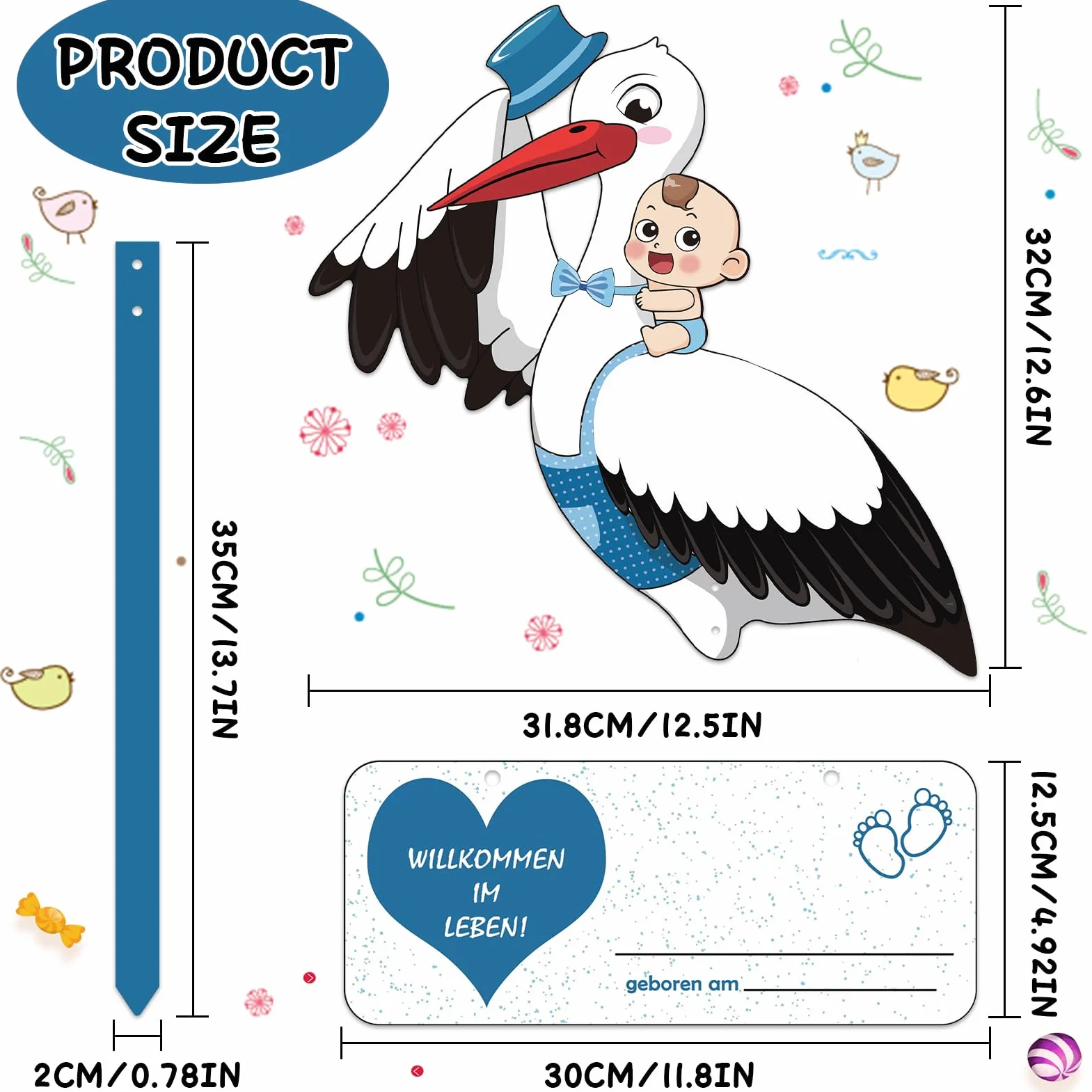 Cicogna a Sonaglio per Bambini, Cicogna Nascita per Esterni, Set di Cicogna a Sonagli per La Nascita, Grande Carina Cicogna a Sonagli in Legno, Cicogna Grande in Legno100 CM Altezza(Blu)