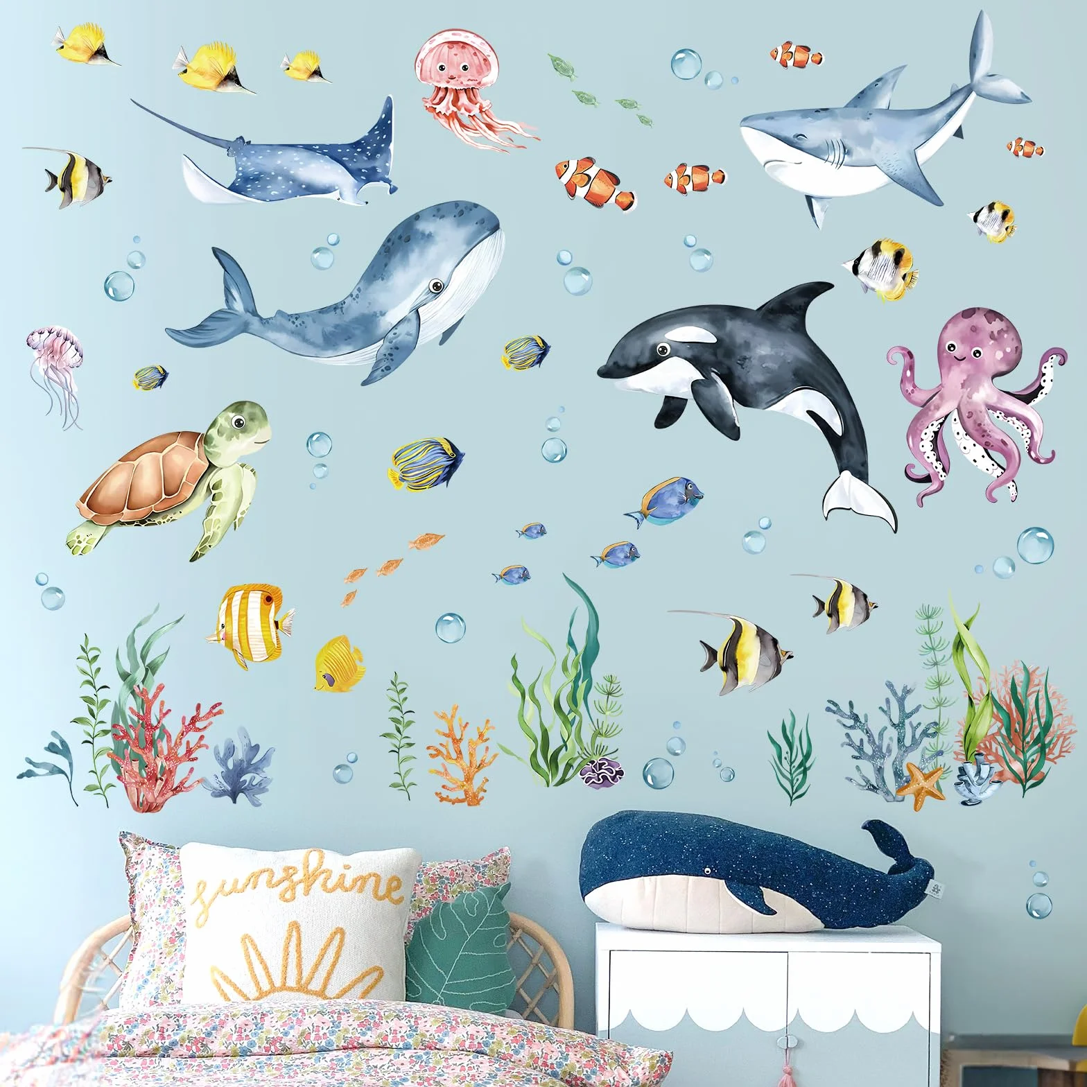 decalmile Adesivi Murali Sotto il Mare Pesci Adesivi da Parete Pesci del Mare Dolphin Balena Tartaruga Marina Alghe Decorazione Murale Bagno Camerette Bambini Camera da Letto