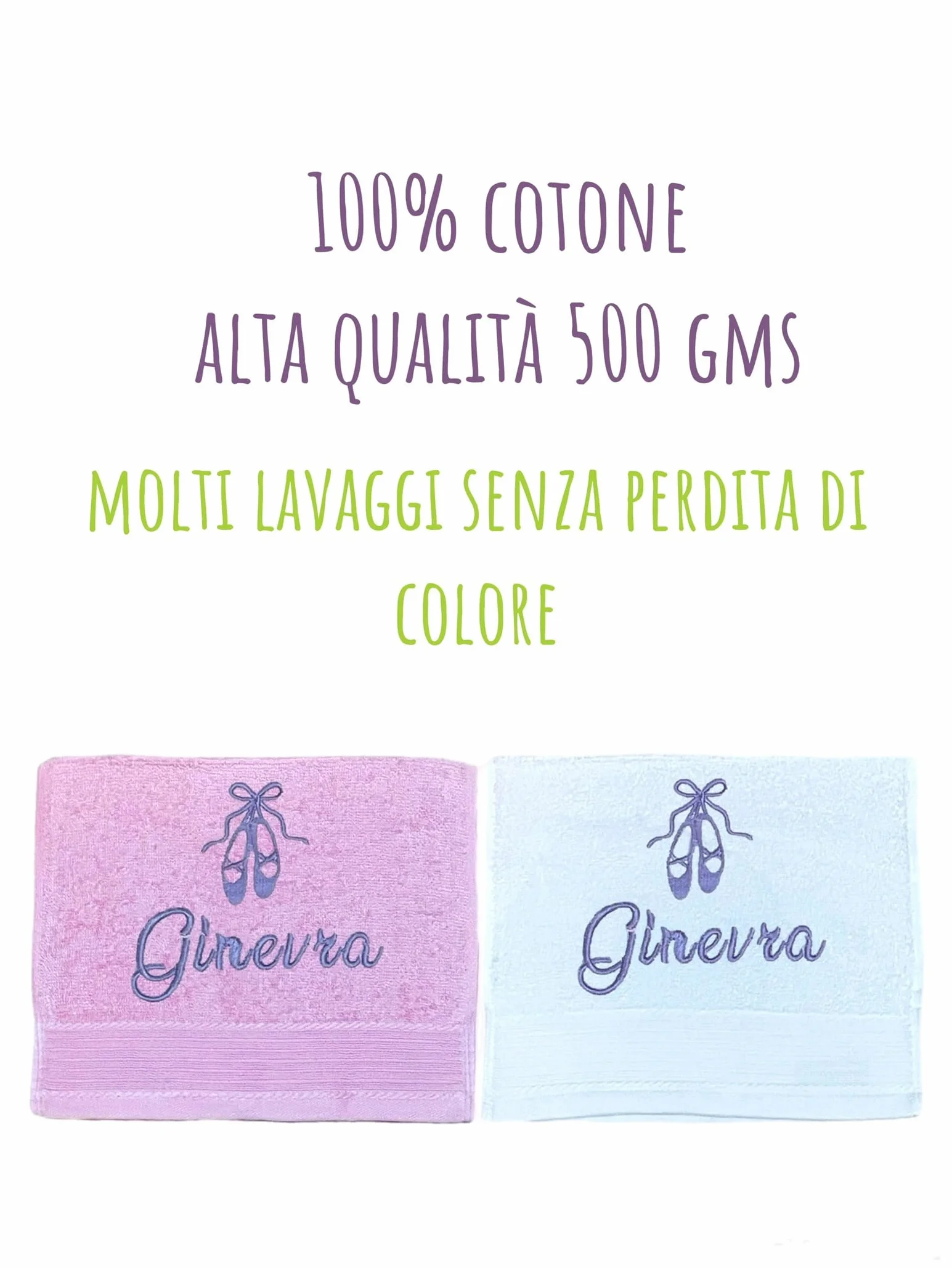 Set di 2 asciugamani personalizzati per bambini da asilo/nido/scuola materna, ricamati con il nome, asciugamano personalizzato, alta qualità-500 g/m², 100% cotone, MADE IN ITALY (Bianco, Rosa, Viola)