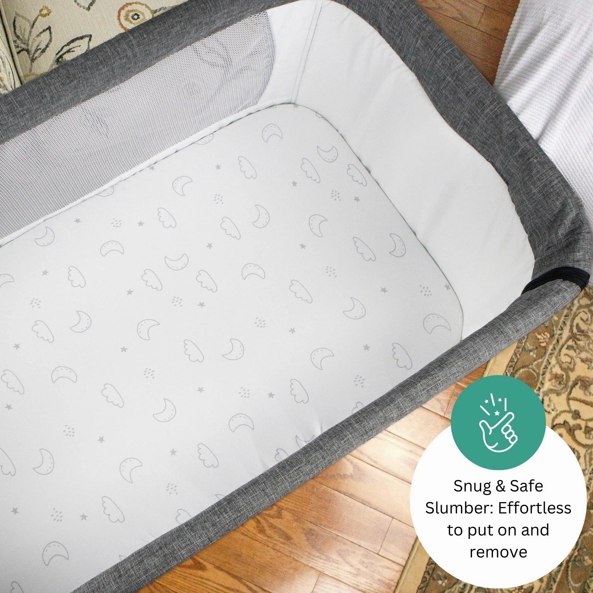 TansyPanda - Lenzuola per culla per Cloud Baby, Yacul, Dream On Me Traveler, Skylar, BabyBond, Simmons, 3 pezzi, 83,8 x 50,8 cm, ultra morbide, traspiranti, aderenti, unisex, grigio bianco (luna,