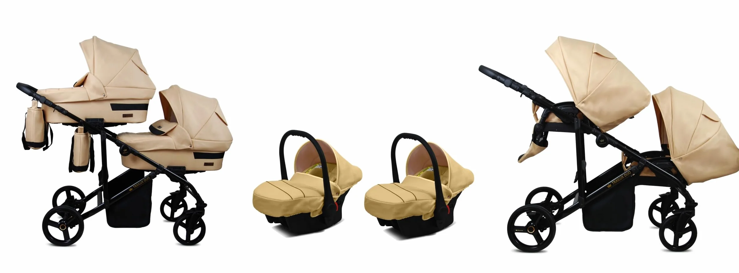 BabyLux® Bambini Passeggino per gemelli Completo Set 3 in 1 - Duo | Beige - incl. Navicella, Canna, Seggiolino Auto - Carrozzina Neonati Sistema Combinato - con Borsa fasciatoio, Copertura antipioggia