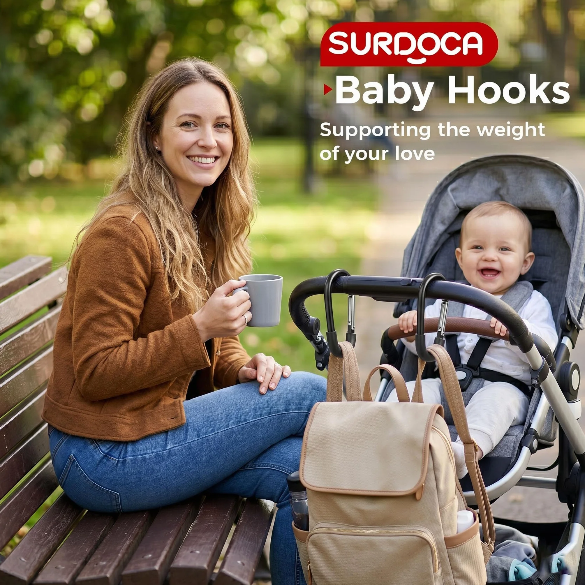 SURDOCA Ganci per passeggino, grandi ganci per passeggino per borse, clip e ganci universali per passeggino, gancio mamma per passeggino resistente, accessori per passeggino per mamma blu 1