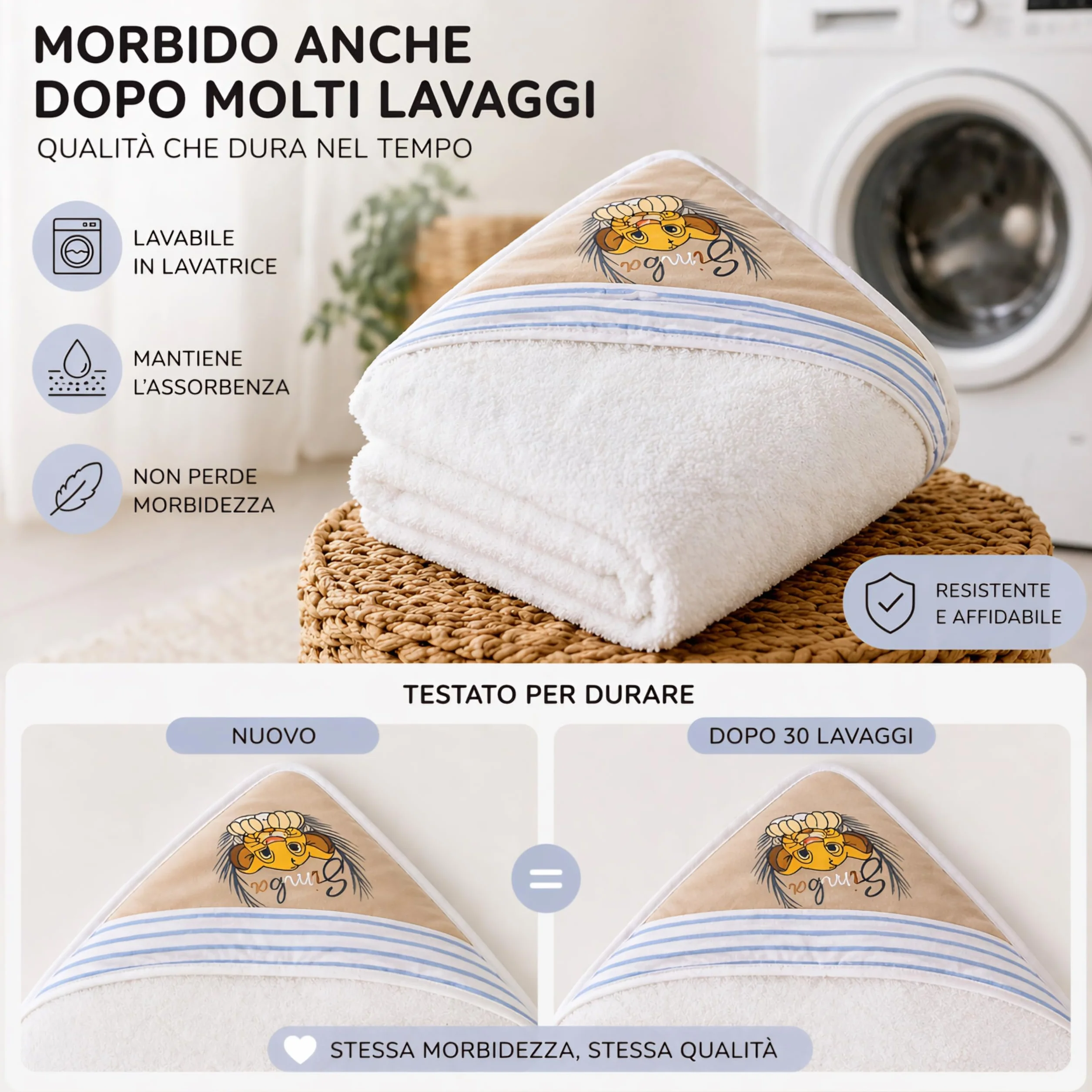 Ellepi Accappatoio Neonato Disney Baby Triangolo 75x75 cm – Idrospugna Innovativa Ultra Assorbente e Morbidissima – Telo Bagno Neonato con Cappuccio Simba e Milù (Simba)