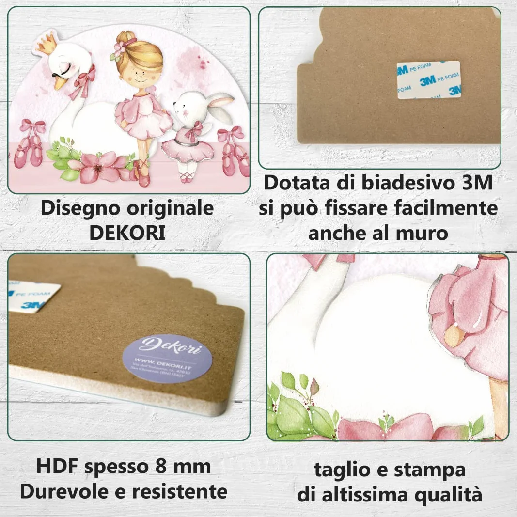DEKORI Targhetta personalizzabile con nome per la porta, decorazione da parete in legno, sfiziosa idea regalo battesimo Comunione compleanno (Ballerina)
