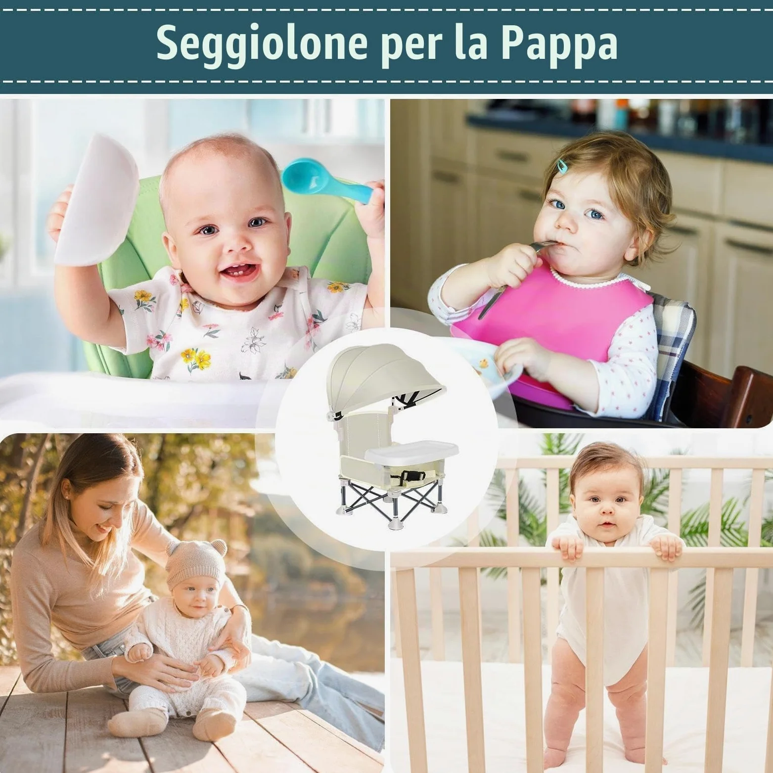Seggiolone Per Bambini - Seggiolone Da Spiaggia Per Bambini Seggiolino Pieghevole Con Ombrellone E Vassoio Rimovibile, Sedia Per Pappa Per Campeggio, Spiaggia, Prato, Interni Ed Esterni