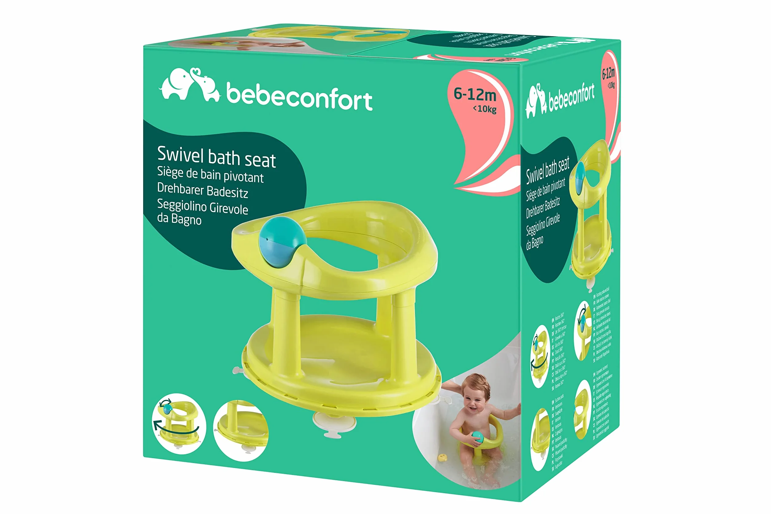 Bebeconfort Seggiolino Girevole Bagnetto neonato per Vasca da Bagno e Doccia, Seggiolino da bagno per bambini fino a 10 kg, Girello per il Bagnetto, Seduta ergonomica, Ventose di Sicurezza, Lime