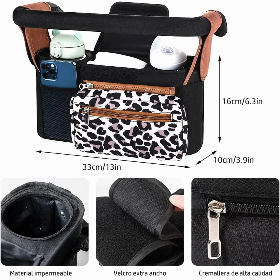 Borsa organizer per passeggino, borsa organizer per passeggino con portabicchieri isolato e tracolla regolabile, per pannolini e giocattoli, passeggino con 2 ganci (leopardo)