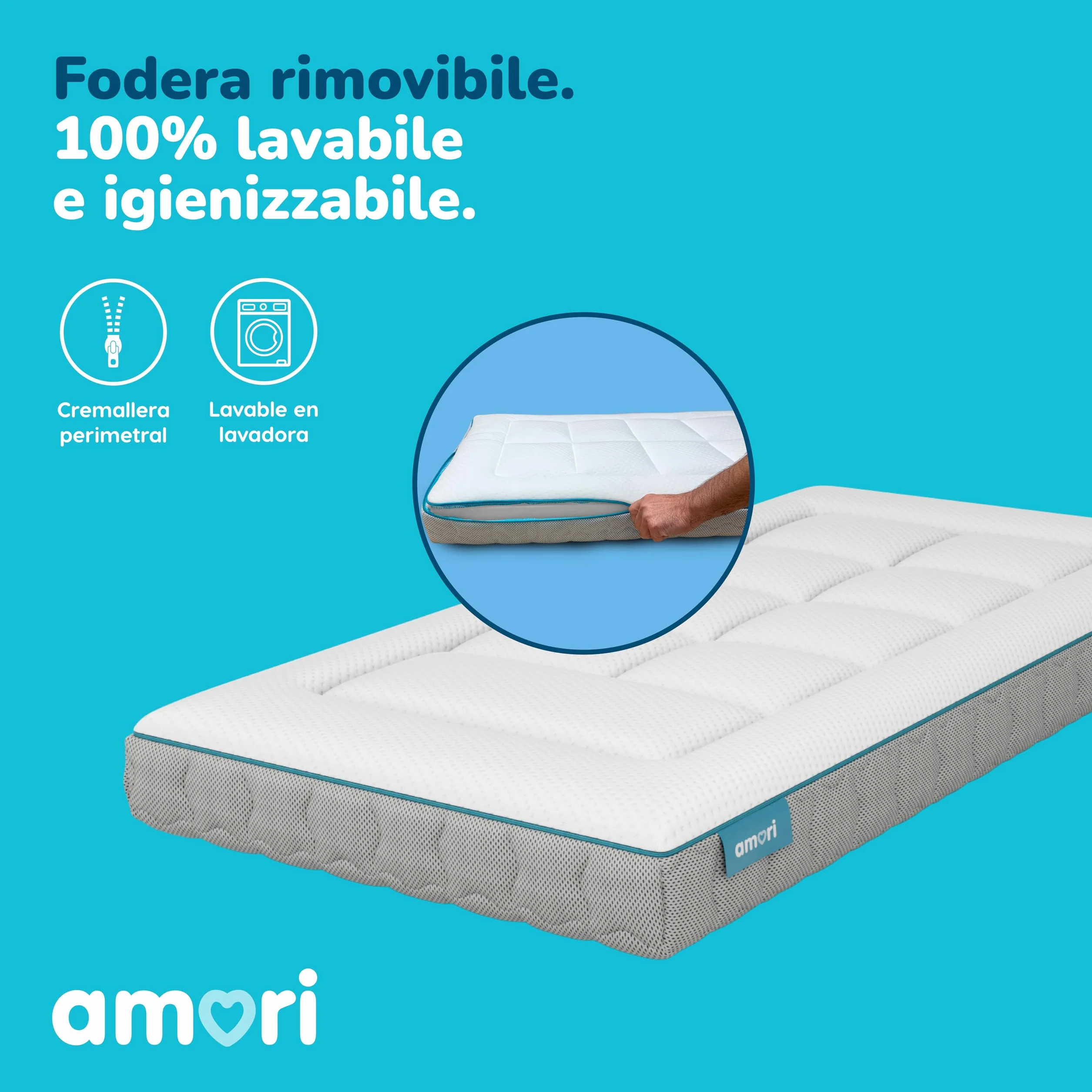 AMORI - Materassino Antisoffoco 117x57 cm per Culla Lettino - Sfoderabile, Anallergico, Antiacaros - Spessore 12 cm - Doppia Faccia Estate/Inverno - Certificato OEKO-TEX - Comfort Plus