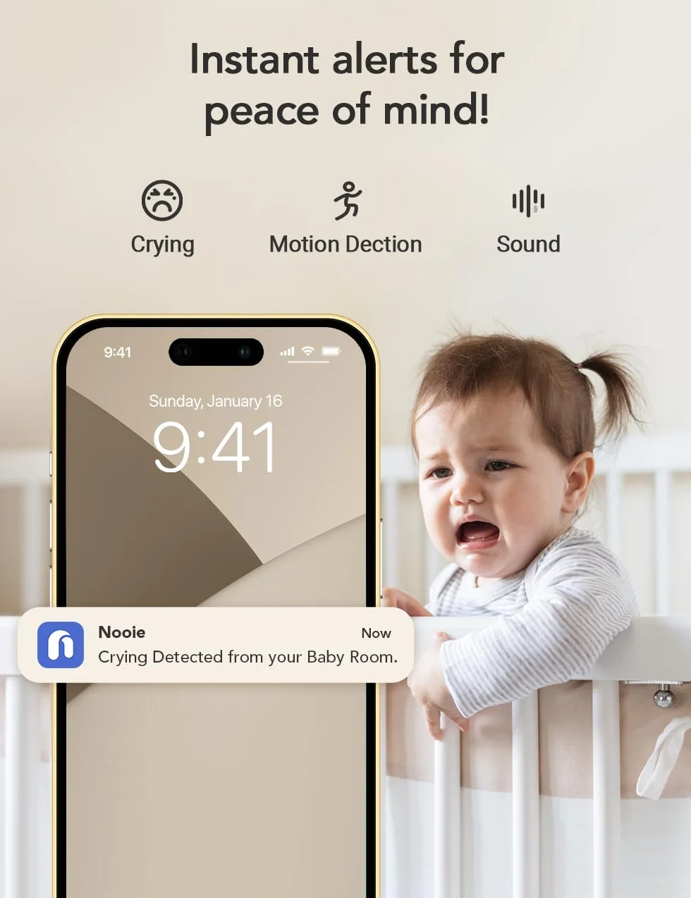 nooie 2K Baby Monitor Video e Audio, 5GHz Telecamera Bambini, Visione notturna, Audio Bidirezionale, Riconoscimento dei Pianti/Suoni e Temperatura, Tracciamento AI del Movimento, Funziona con Alexa