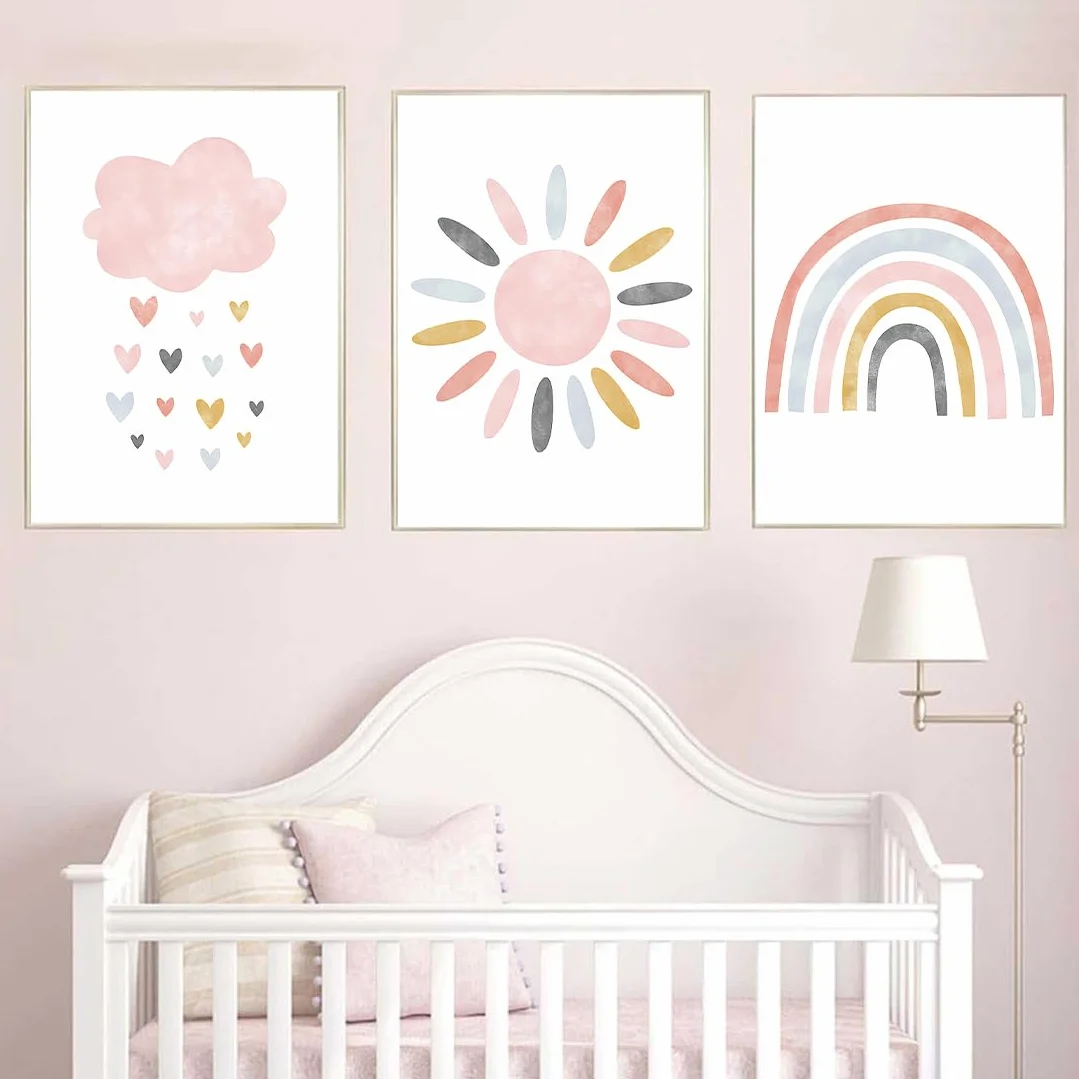 Set di 3 Quadri Tela 21x30cm, Poster Arcobaleno Nuvole Sole per Cameretta dei Bambini, Stampe Senza Cornice Stile Boho per Decorazione Parete
