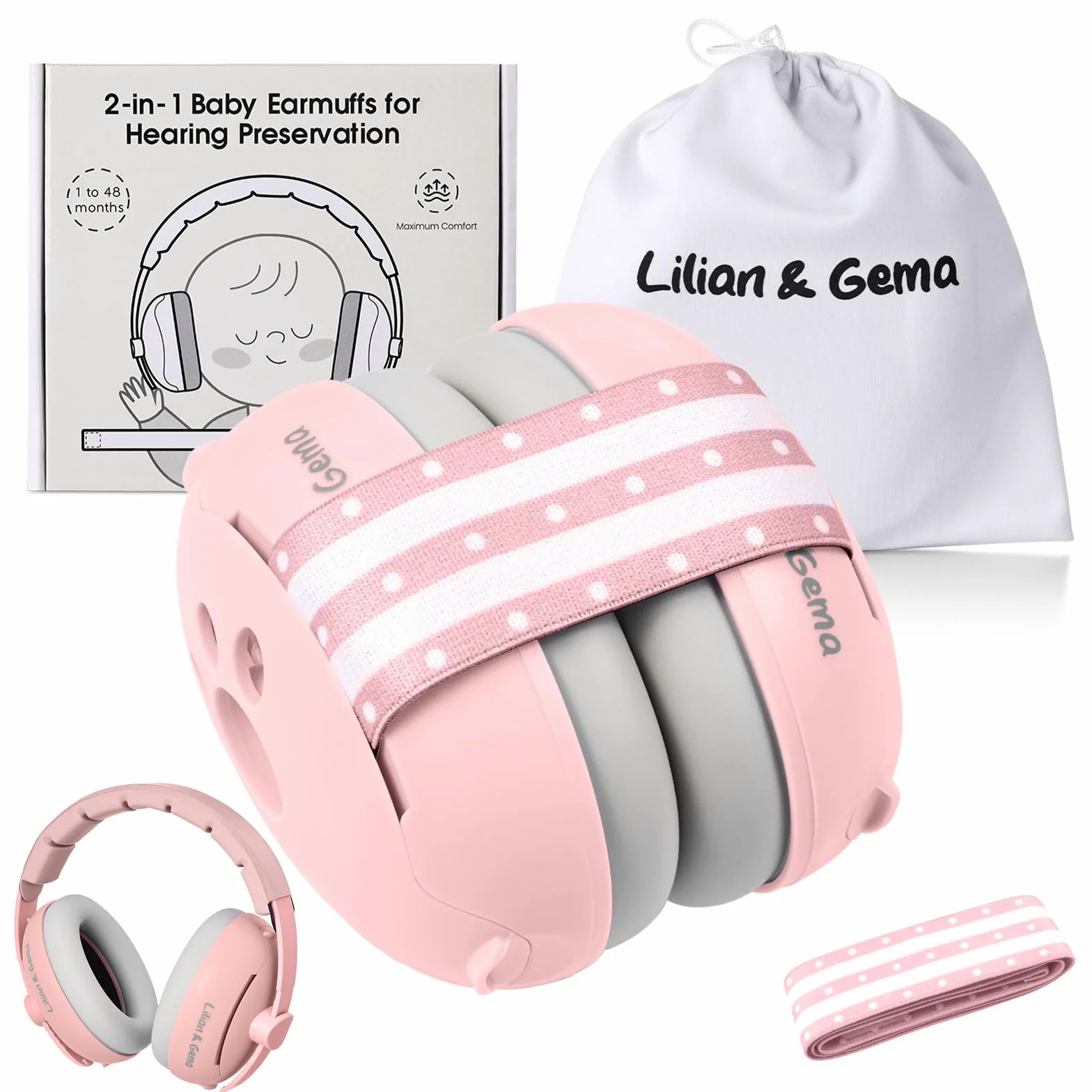 Lilian&Gema 2 in 1 Cuffie Neonato Antirumore -25dB,Protettori acustici per neonati, archetto regolabile, antiscivolo e antistress, protezione acustica ideale per neonati fino a 48 mesi