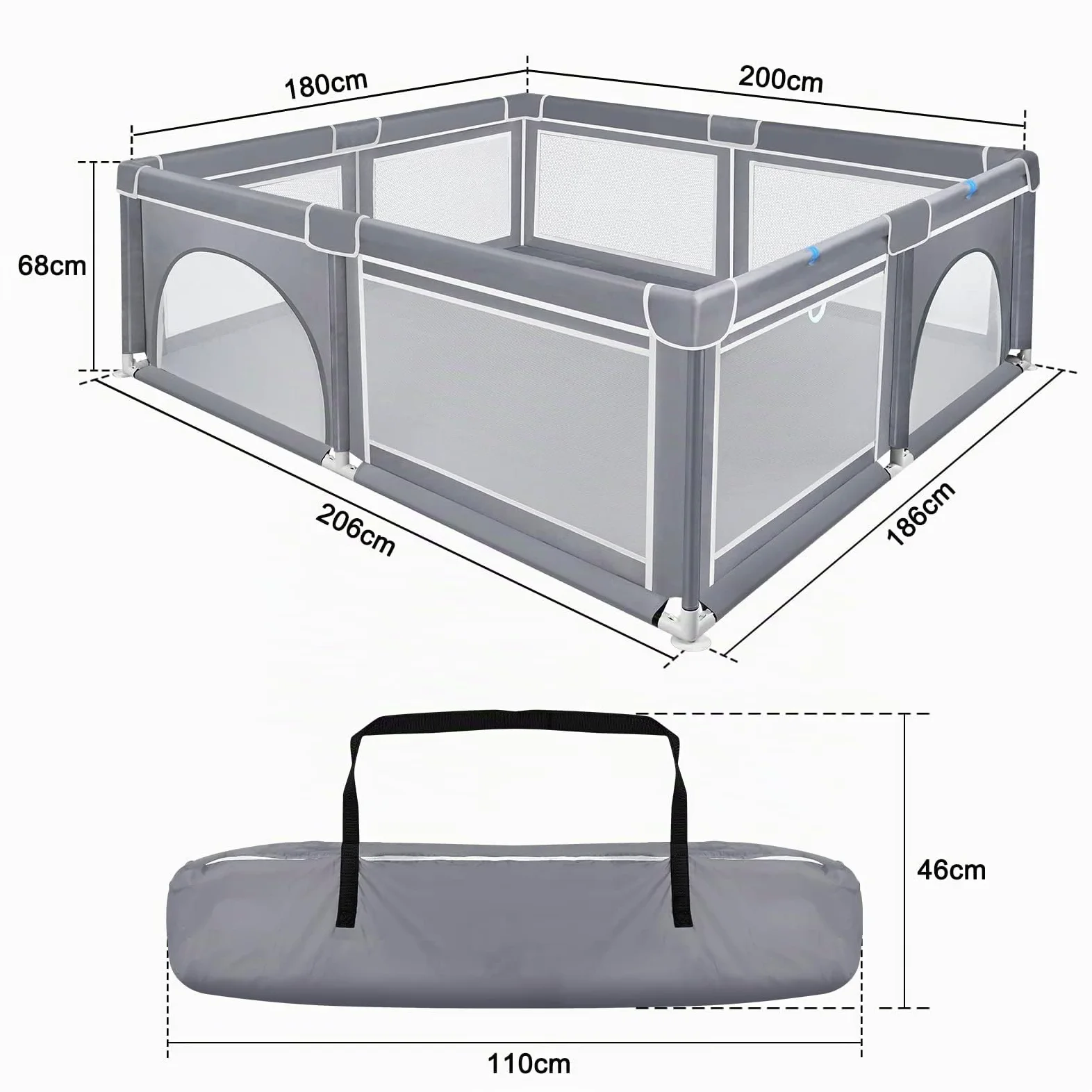 Froadp 200x180x68cm Box per Bambini con Base Antiscivolo e Rete Traspirante, Ampio Parco Giochi di Sicurezza Impermeabile in Tessuto Oxford, Centro di Attività Sicuri per Interni ed Esterni (Grigio)