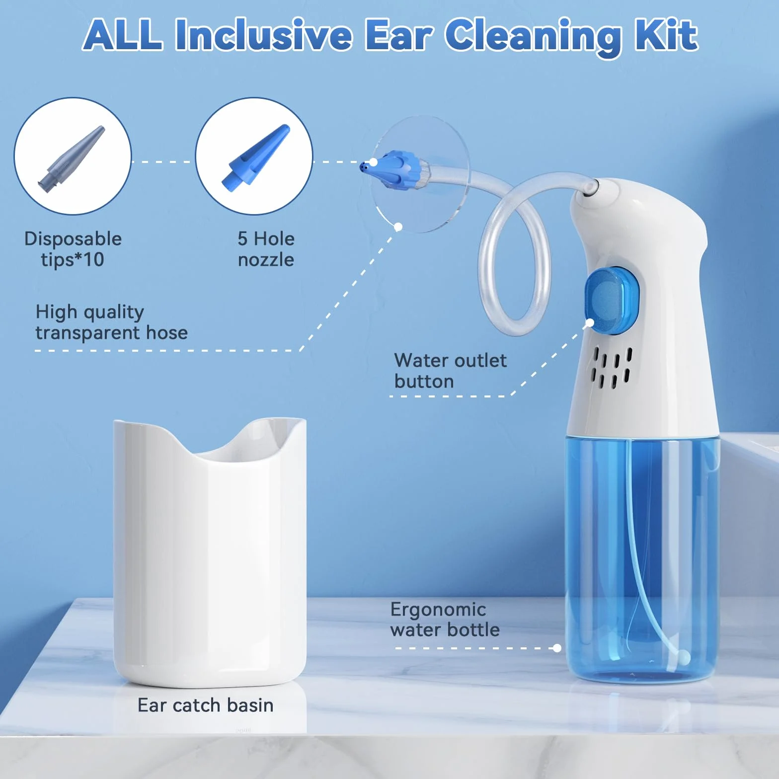 Kit Pulisci Orecchie per Rimozione Cerume Qimic, Sistema di Irrigazione per Orecchie, Strumenti Pulizia Orecchie con 10 punte, Sicuro ed Efficace per Pulire il Cerume Accumulato nell'orecchio
