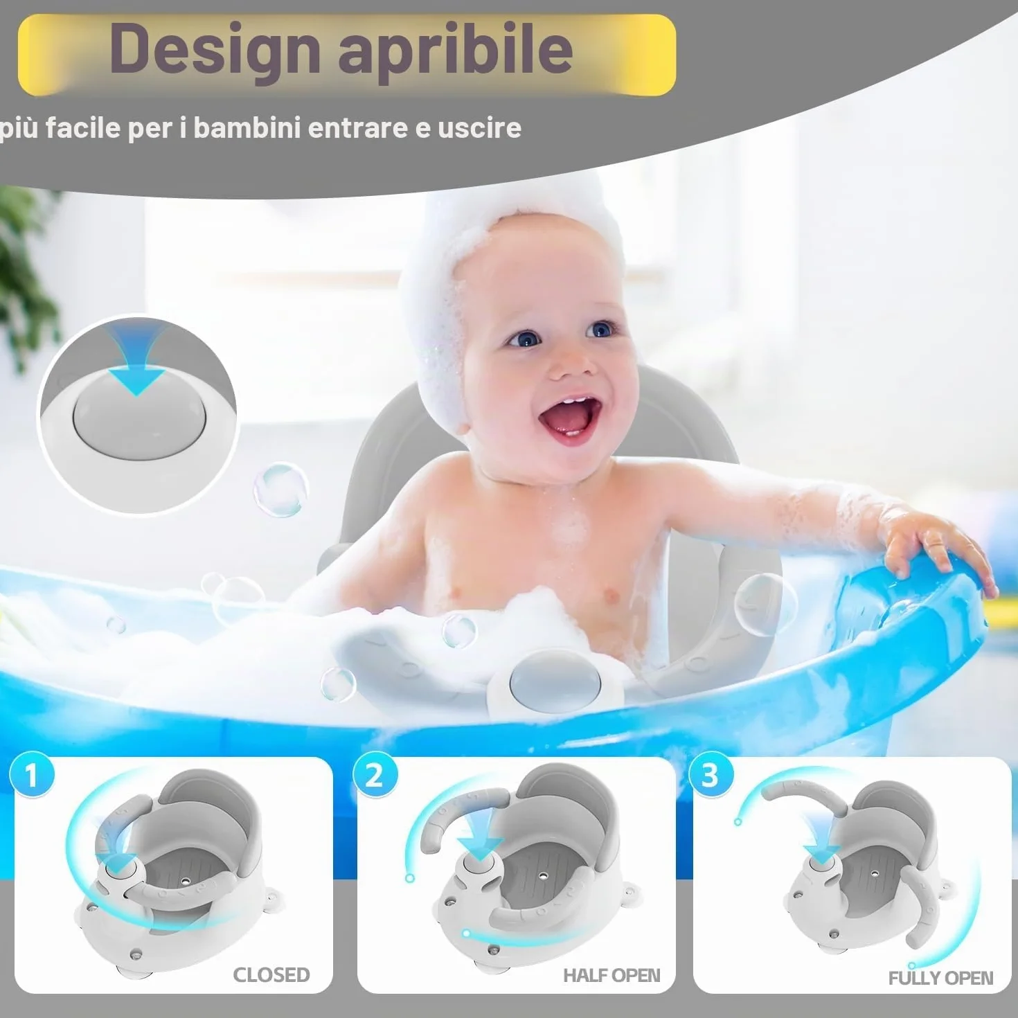 Seggiolino da Bagno Antiscivolo a Partire da 6 Mesi con 4 Potenti Ventose, Tazza e Spugna da Bagno, per Doccia o Vasca (Grigio)
